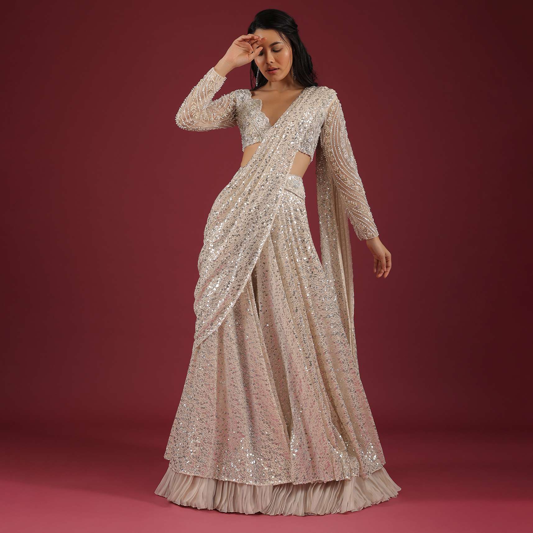 Sandshell Cream Palazzo Saree In Sequins Embroidery - Image 2