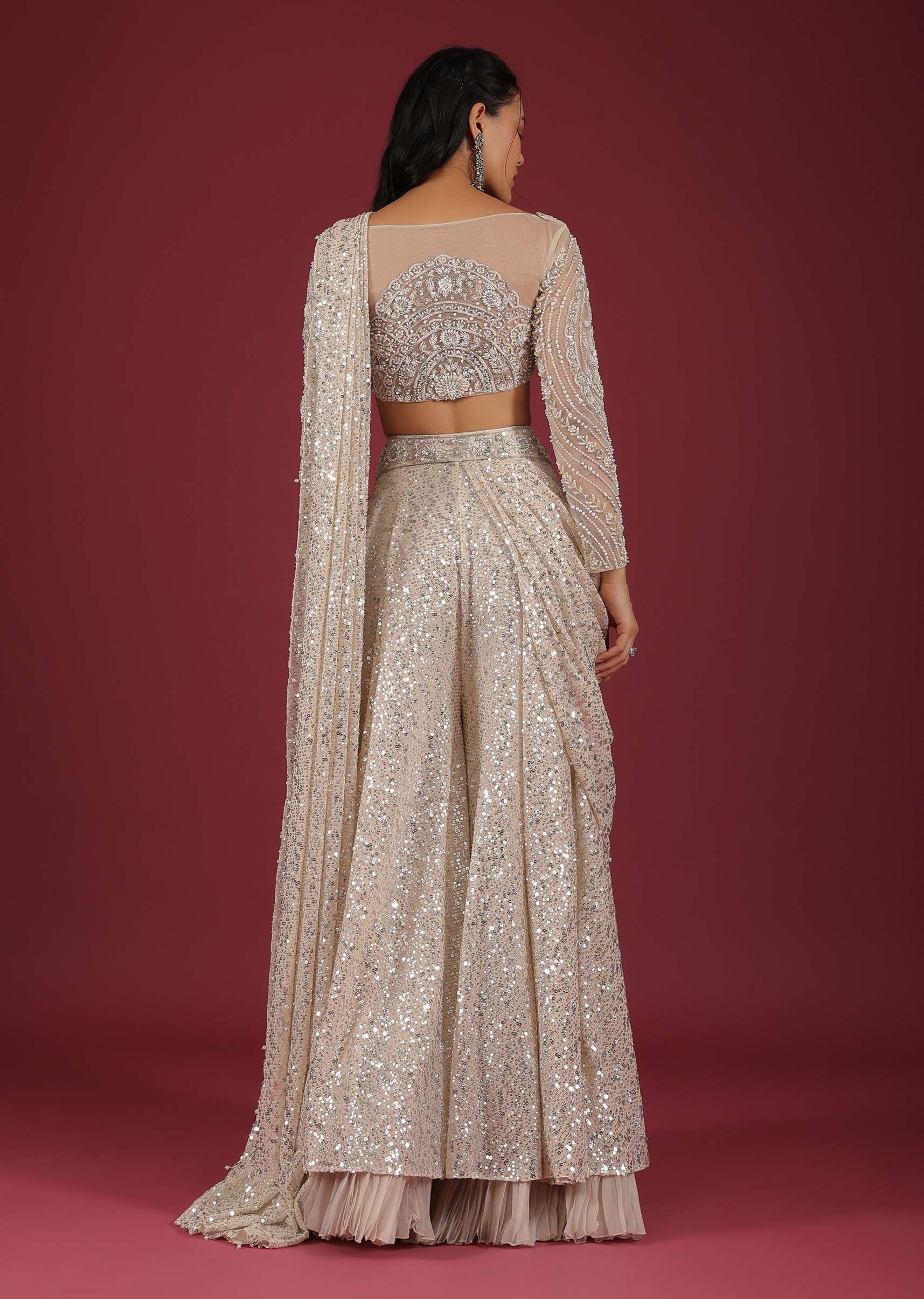 Sandshell Cream Palazzo Saree In Sequins Embroidery - Image 6