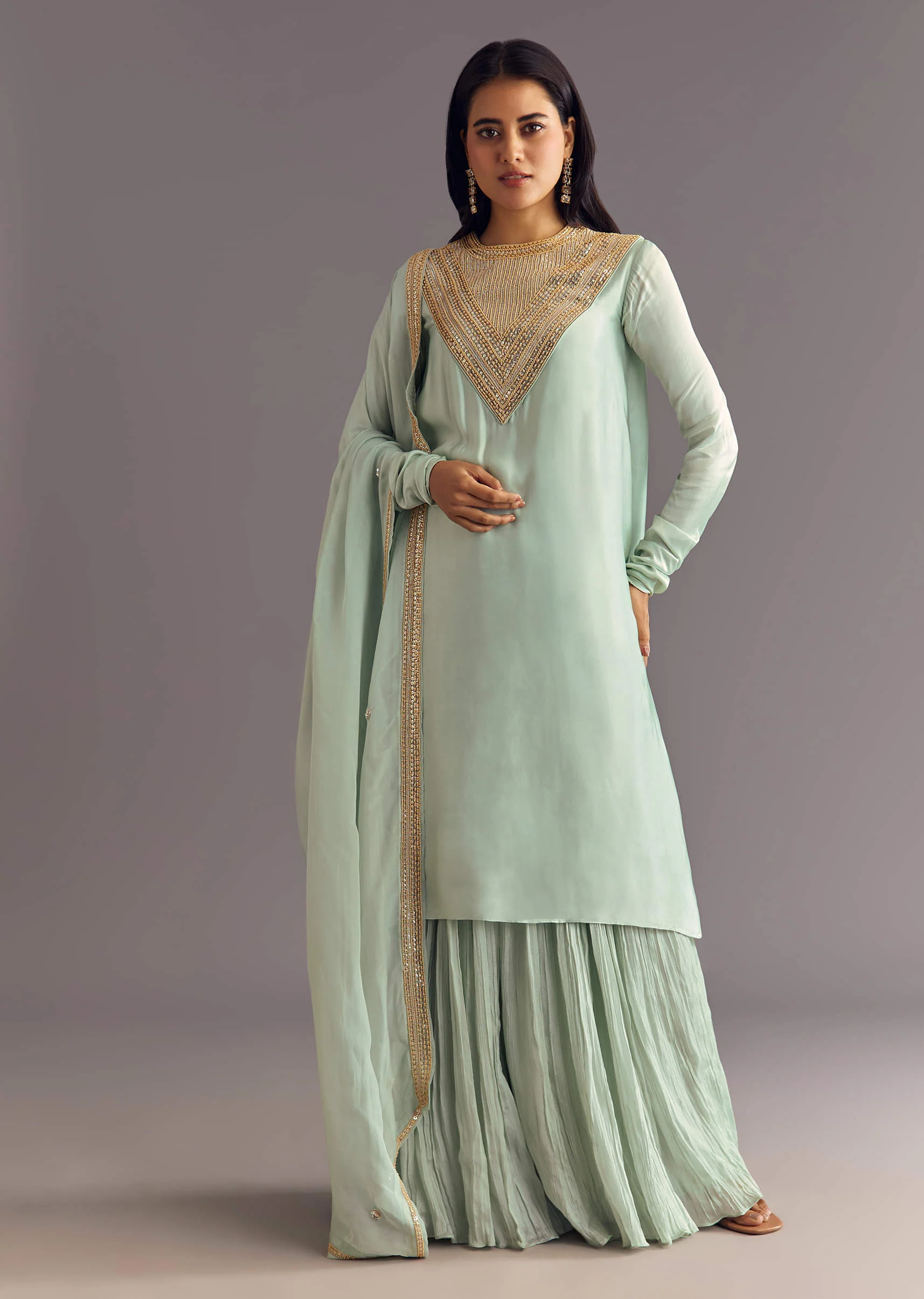 Satin Asymmetrical Kurta Set With Moti And Sequins Dupatta - Image 8
