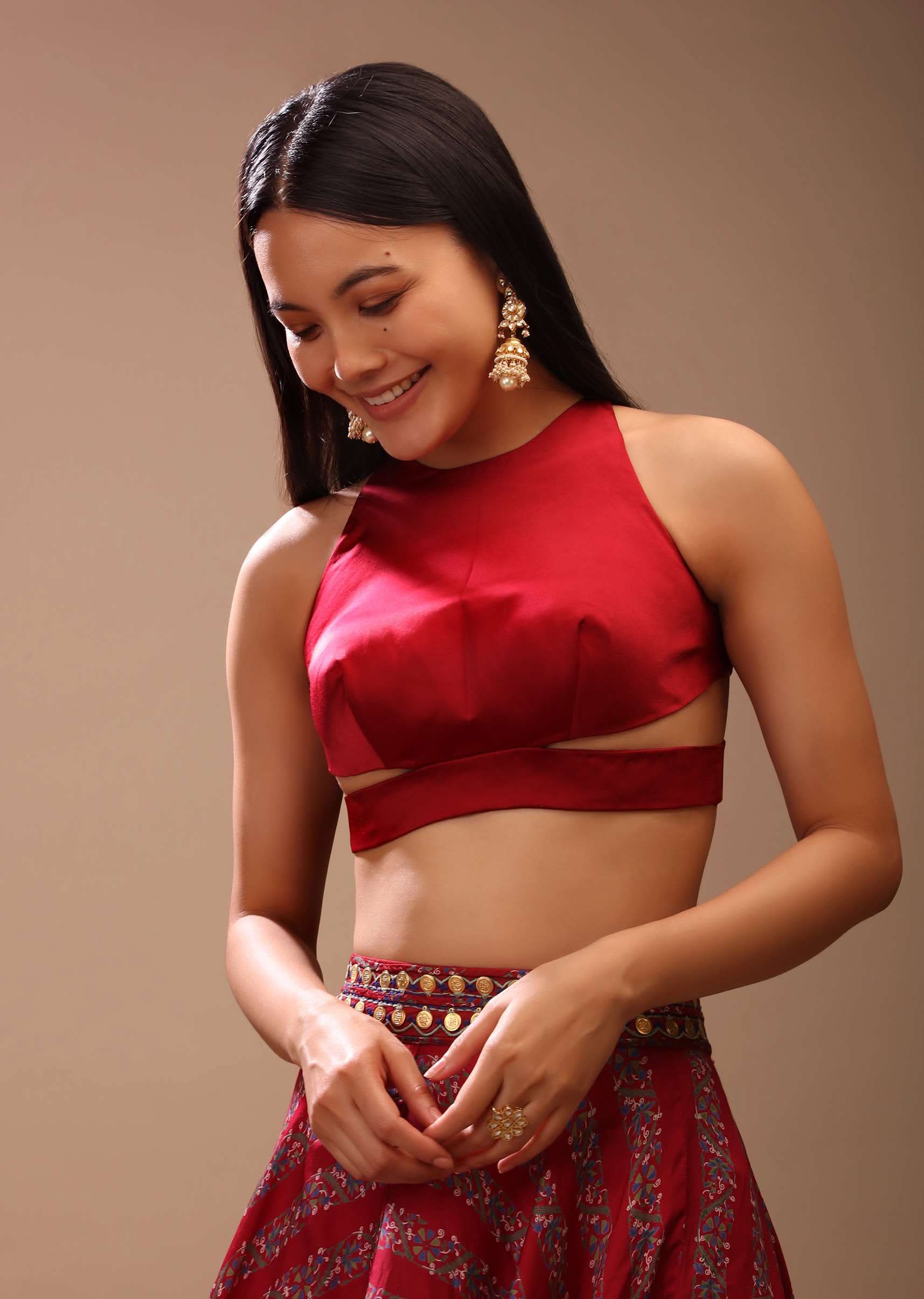 Scarlet Red Blouse In Satin With Stylish Cut Outs On The Waist And Halter Neckline - Image 3