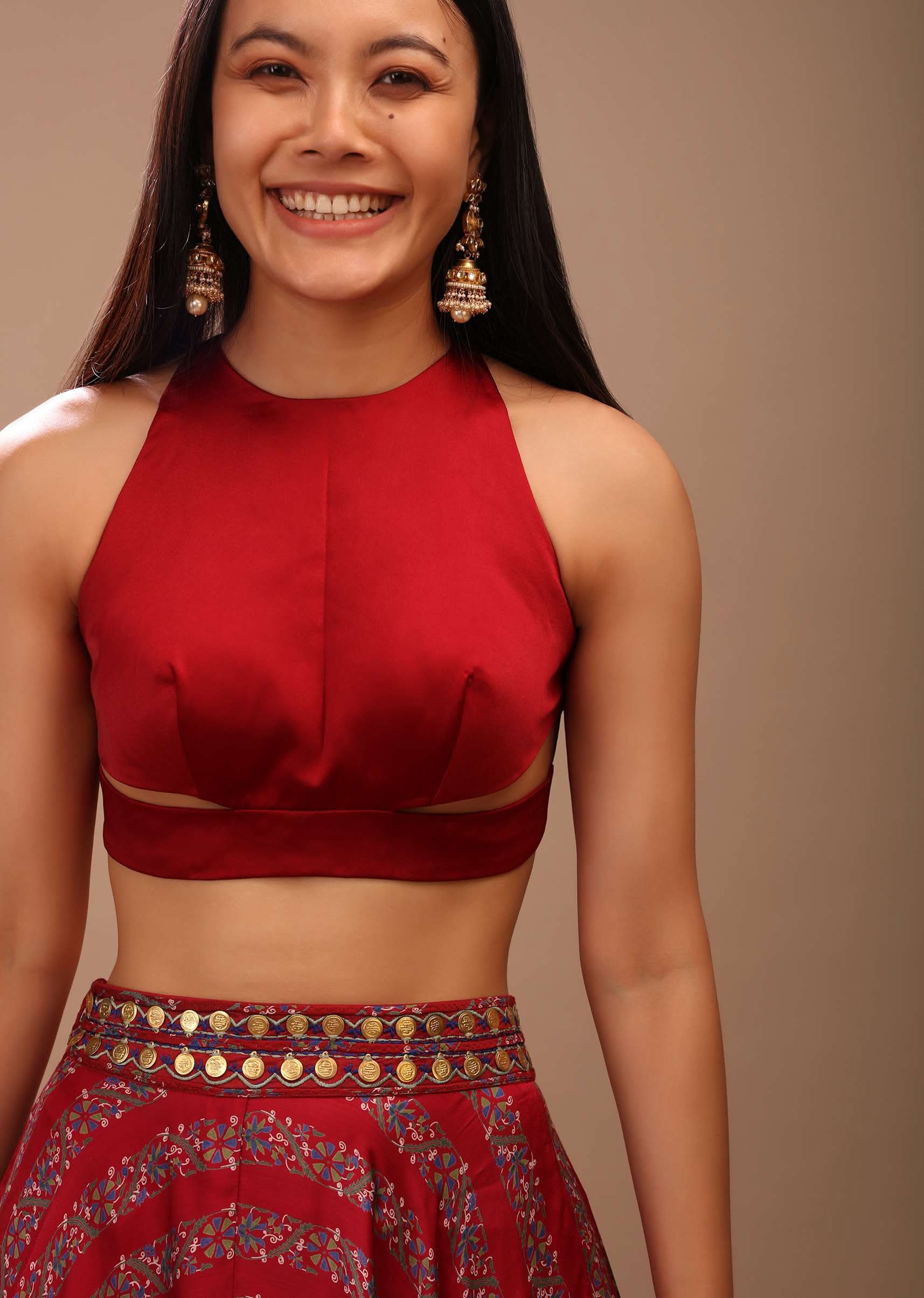 Scarlet Red Blouse In Satin With Stylish Cut Outs On The Waist And Halter Neckline - Image 4