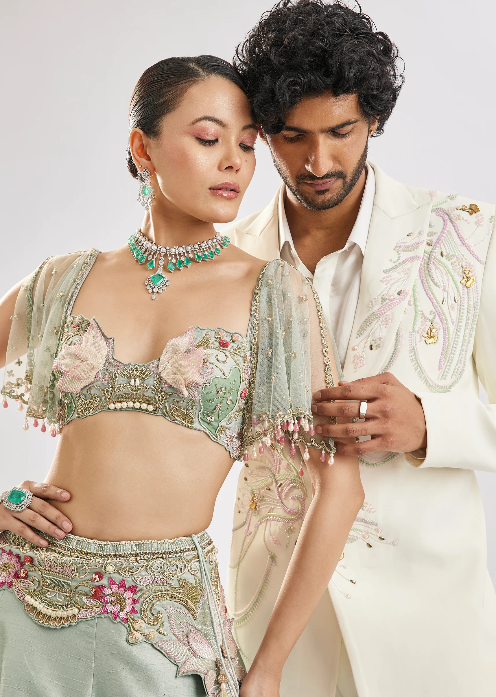 Sea Green & Classic White Duo — Lehenga For Her And Blazer Set For Him - Image 2