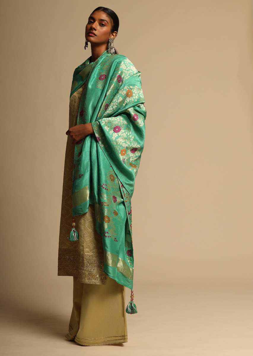 Sea Green Stole In Banarasi Silk With Colorful Woven Floral Design Online - Kalki Fashion - Image 3