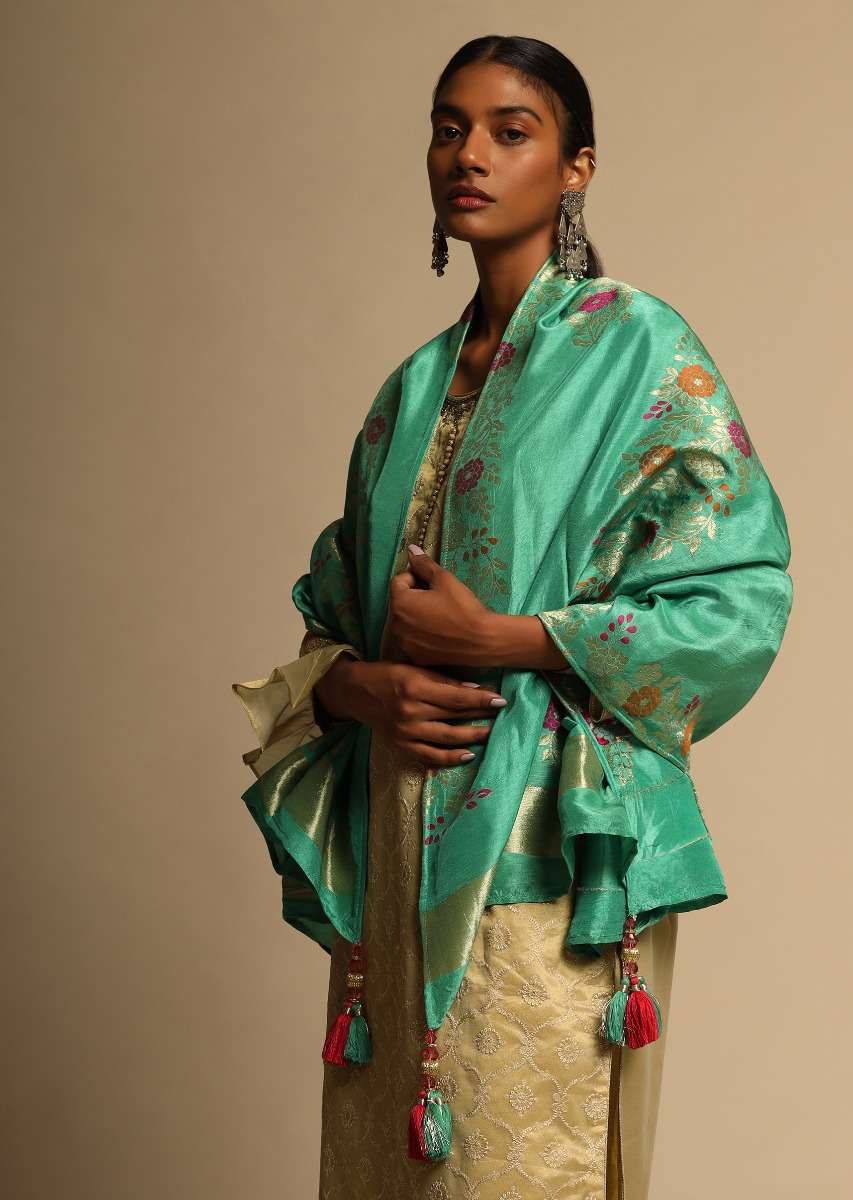 Sea Green Stole In Banarasi Silk With Colorful Woven Floral Design Online - Kalki Fashion - Image 4