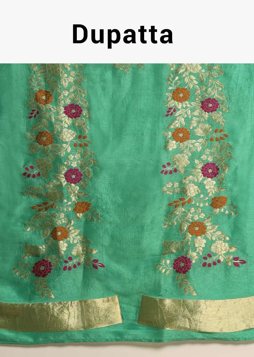 Sea Green Stole In Banarasi Silk With Colorful Woven Floral Design Online - Kalki Fashion - Image 5