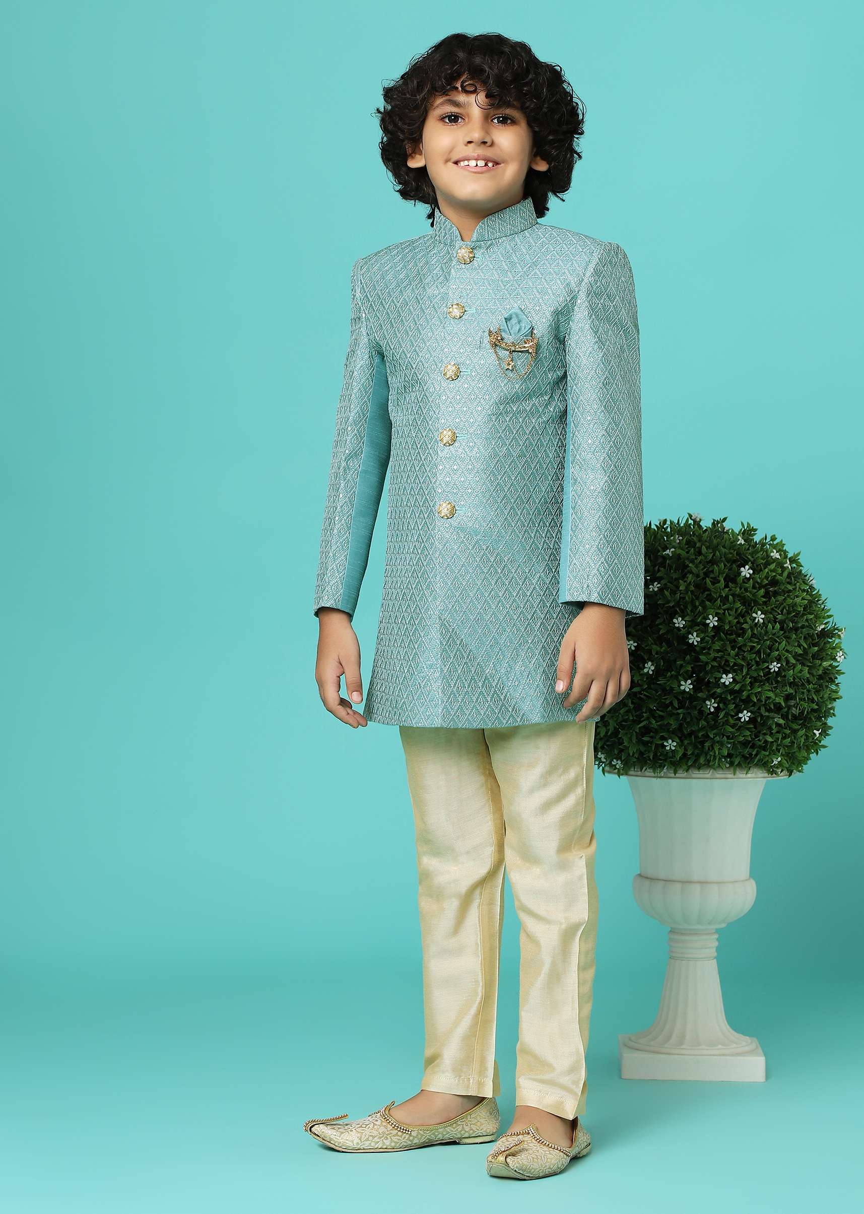 Sea Green Embroidered Sherwani Jacket And Pant Set In Silk - Image 4