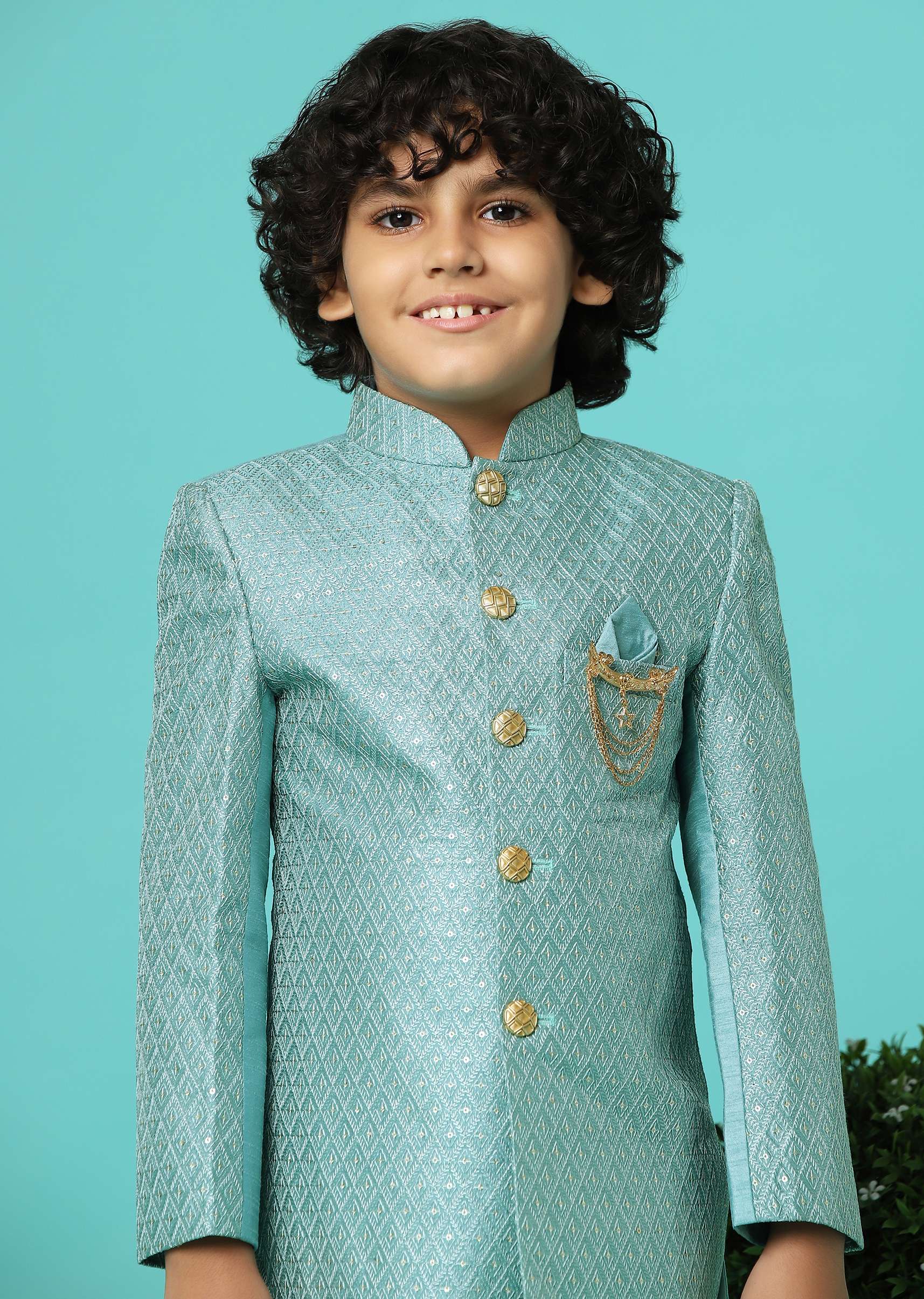 Sea Green Embroidered Sherwani Jacket And Pant Set In Silk - Image 5