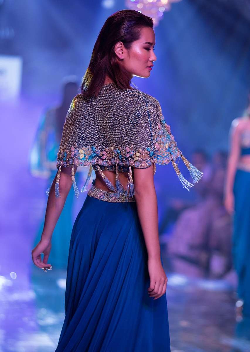 Seaside Blue Crop Top And Palazzo With Embossed Embroidery And Hand Crafted Cape - Image 7