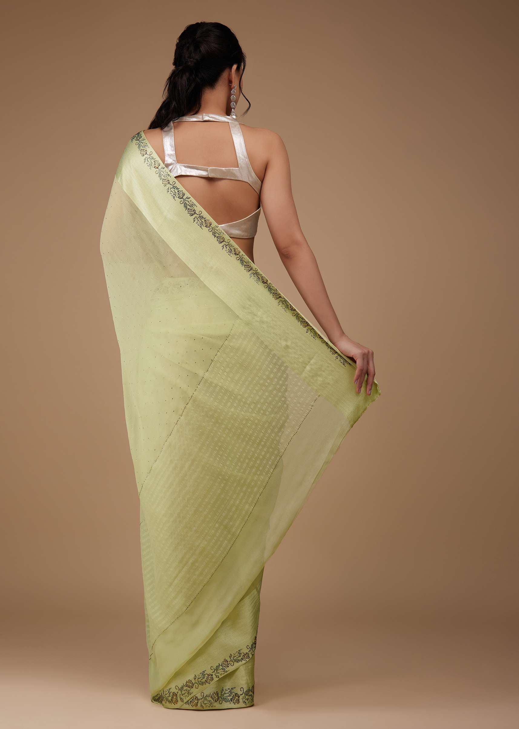 Lime Green Chiffon Saree With Stone Embellishments And Satin Border - Image 6
