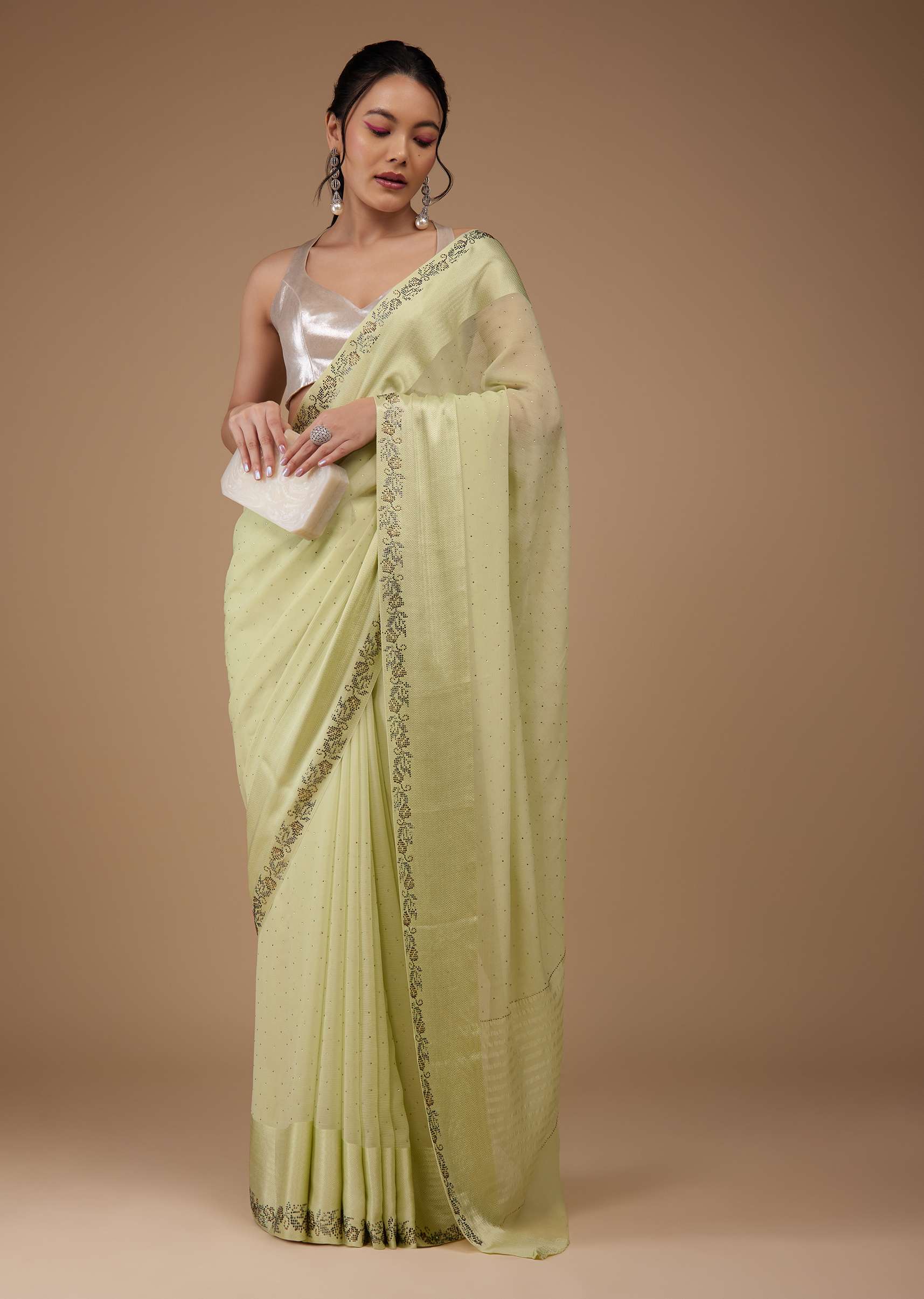 Lime Green Chiffon Saree With Stone Embellishments And Satin Border - Image 9