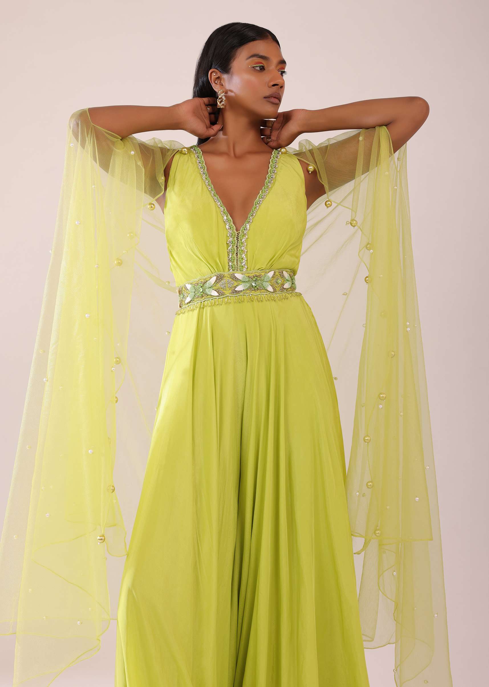 Sheen Green Crepe Jumpsuit And Net Shrug With A Crystal Bead Embroidered Belt - Image 3