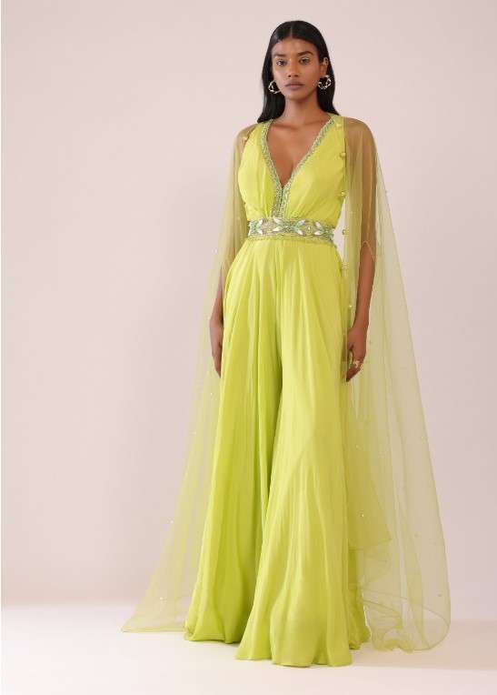 Sheen Green Crepe Jumpsuit And Net Shrug With A Crystal Bead Embroidered Belt - Image 6