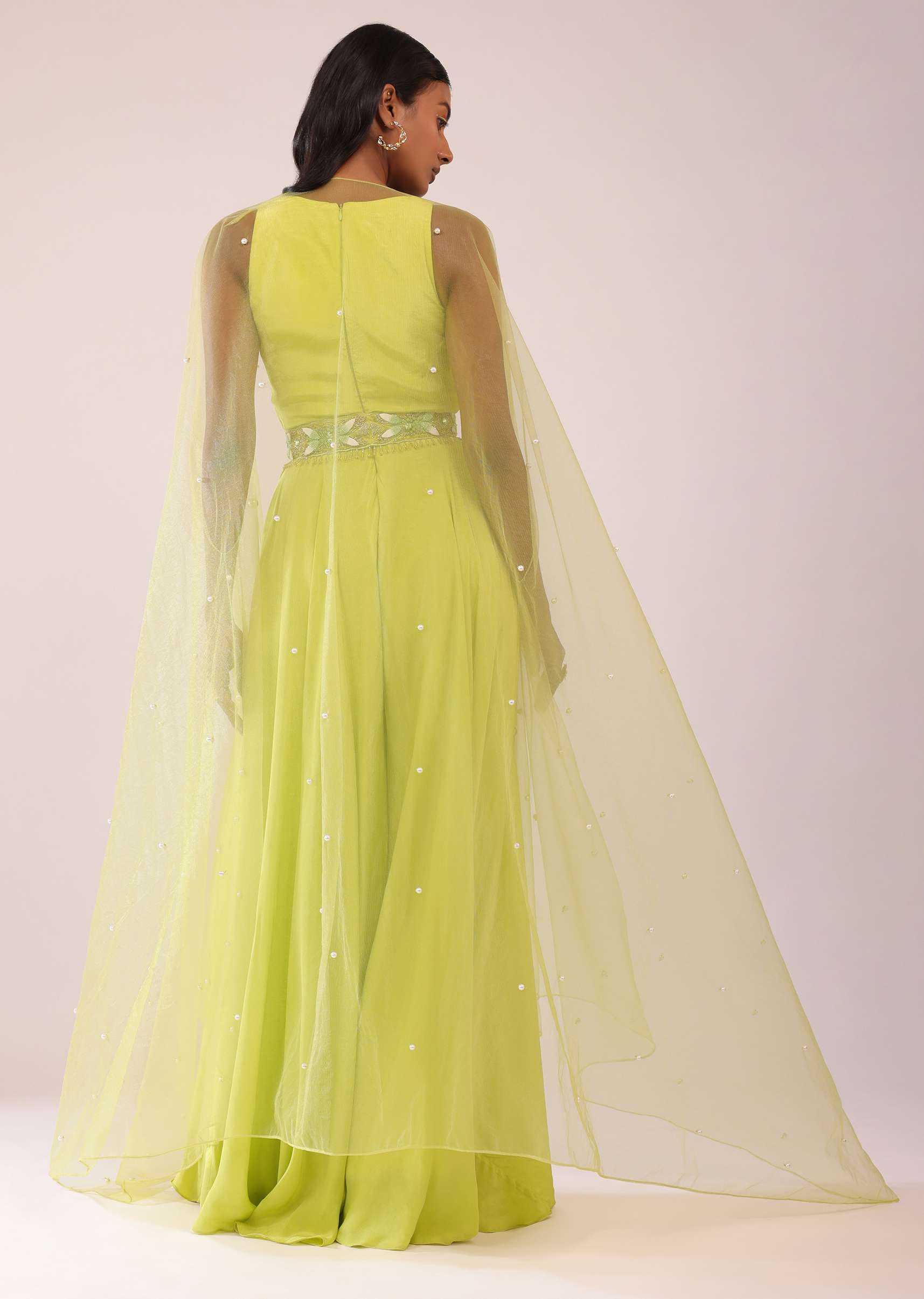 Sheen Green Crepe Jumpsuit And Net Shrug With A Crystal Bead Embroidered Belt - Image 7