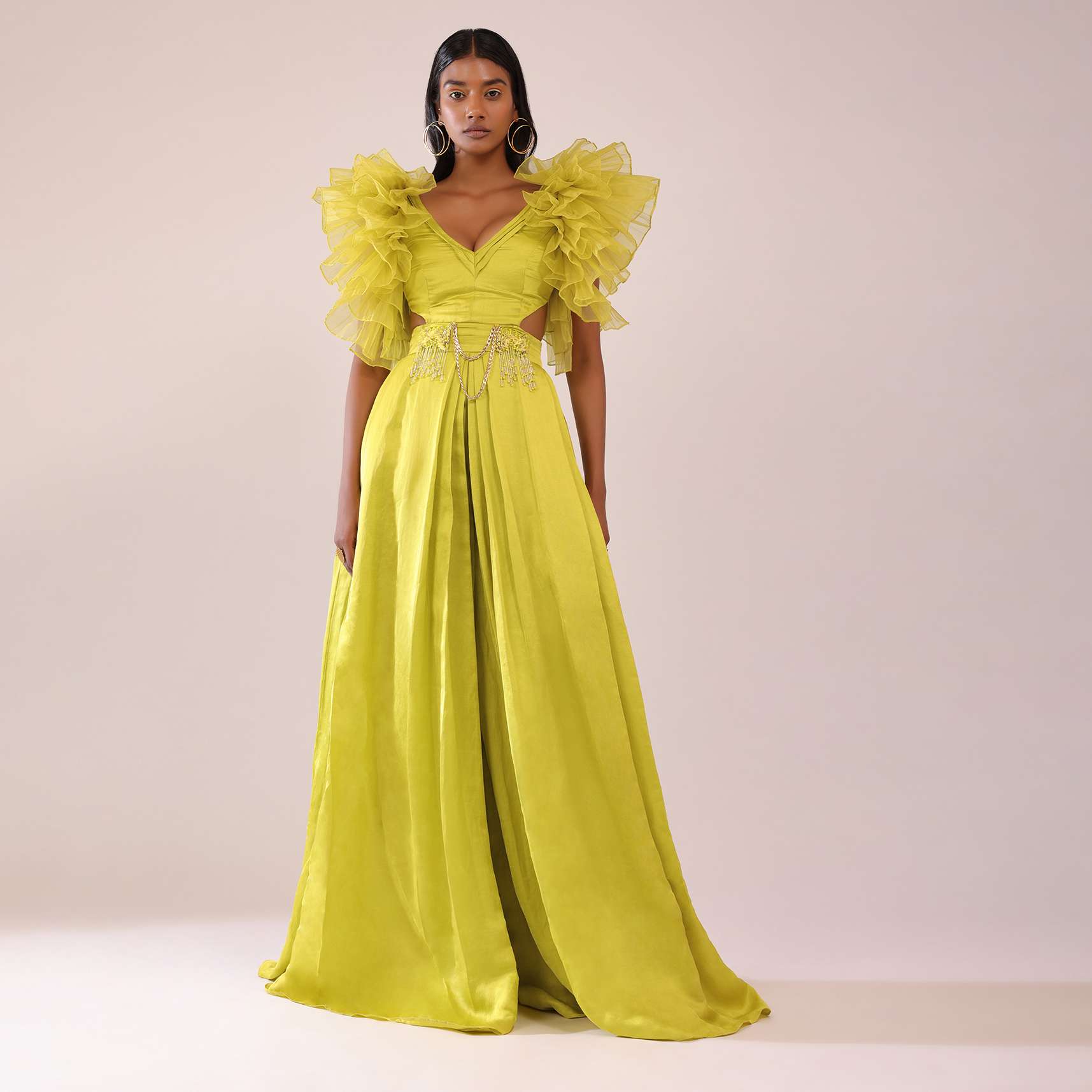 Sheen Green Jumpsuit With Ruffle Sleeves In Viscos Linen And Satin - Image 2