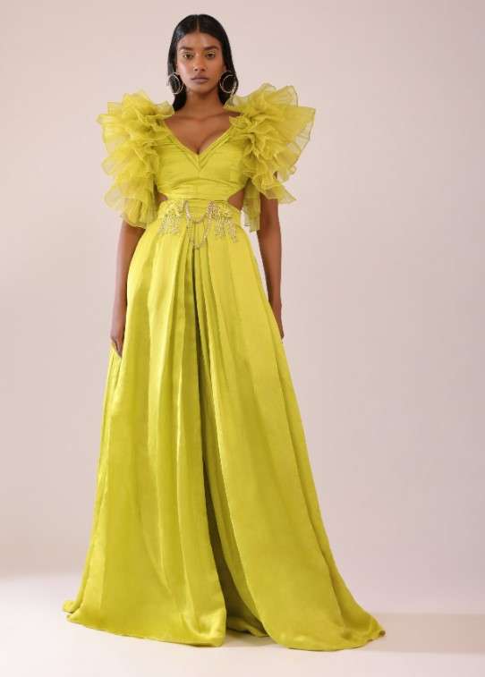 Sheen Green Jumpsuit With Ruffle Sleeves In Viscos Linen And Satin - Image 6