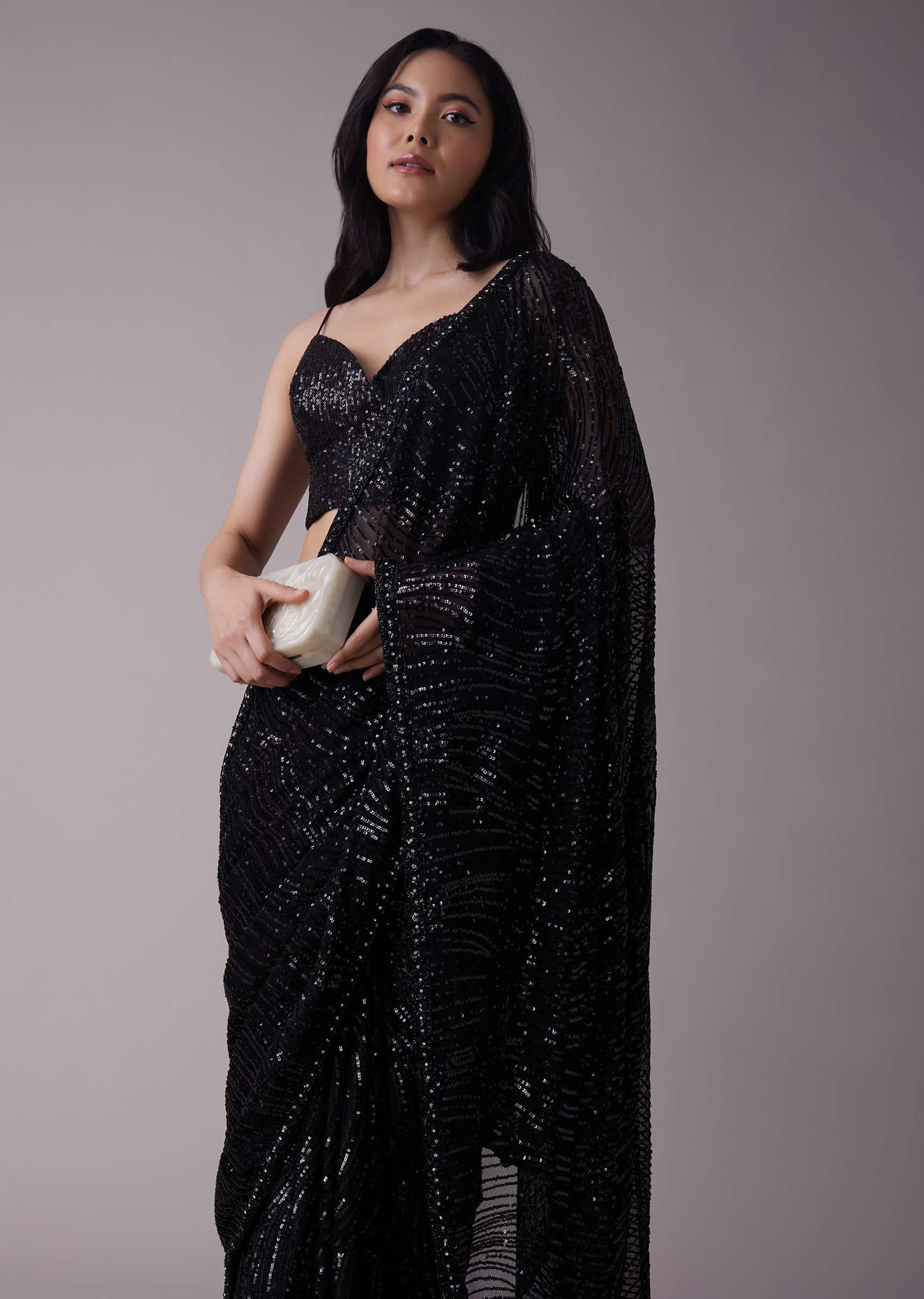 Shimmery Black Sequins Saree With An Embellished Border - Image 2