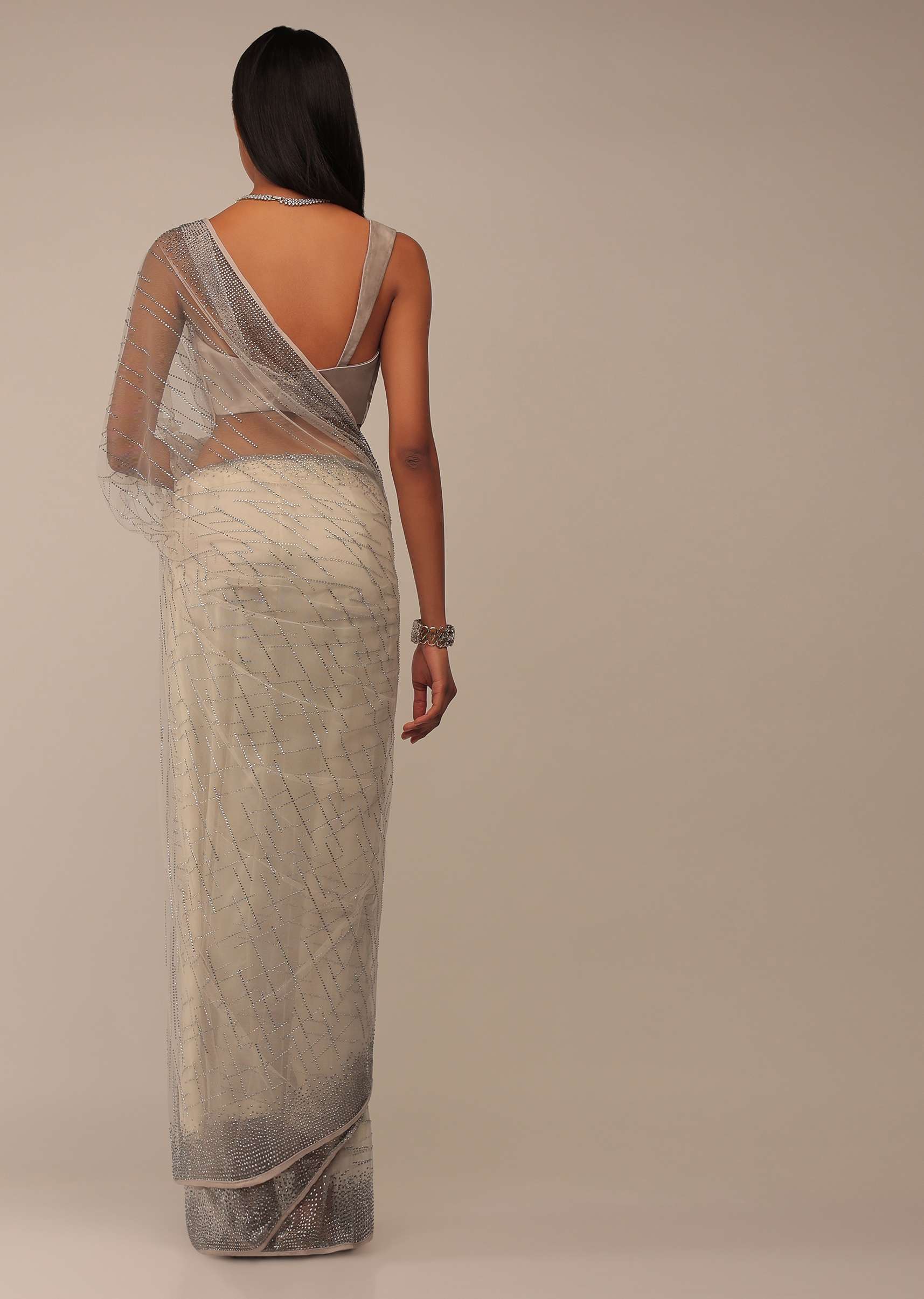 Silver Birch Saree With Stones Embellishment - Image 5