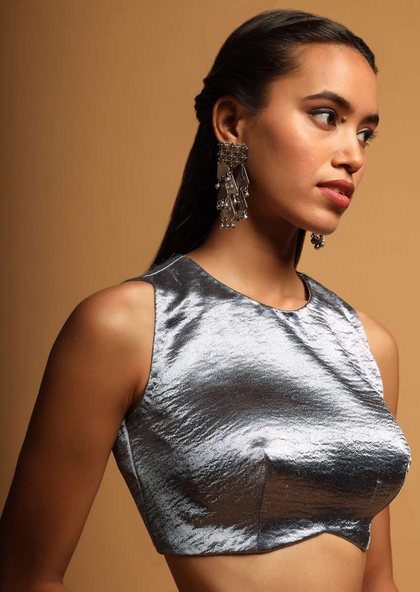 Silver Blue Crop Top In Milano Satin With Curved Hemline And Incut Sleeves - Image 4