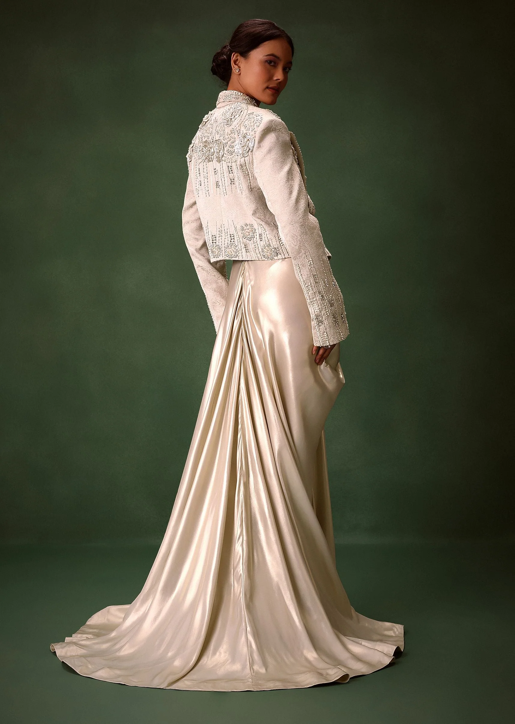 Silver Brocade Floral Embroidered Jacket With Drape Skirt Suit - Image 3