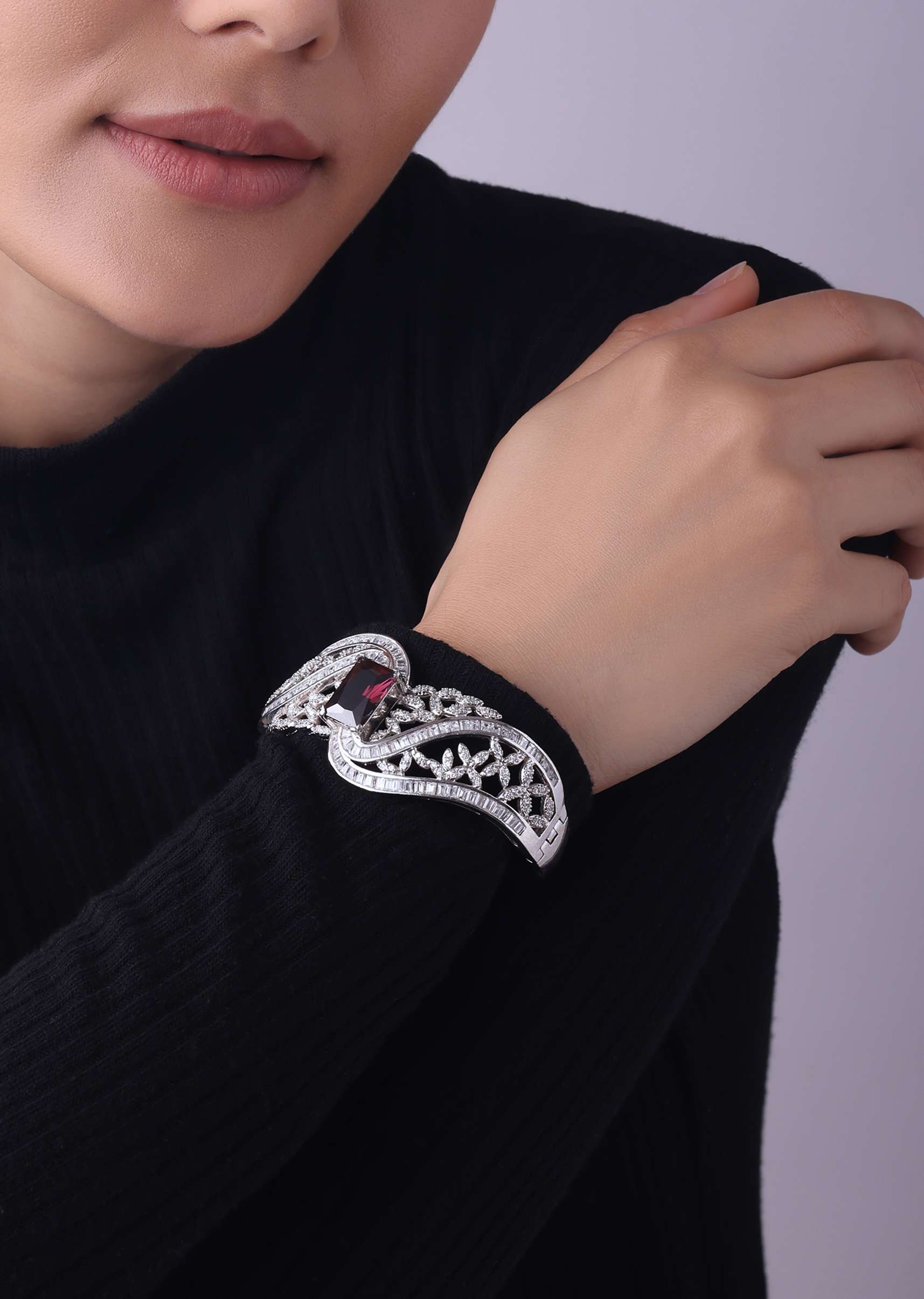 Silver Finish Bangle In Mix Studded With Zircon - Image 2