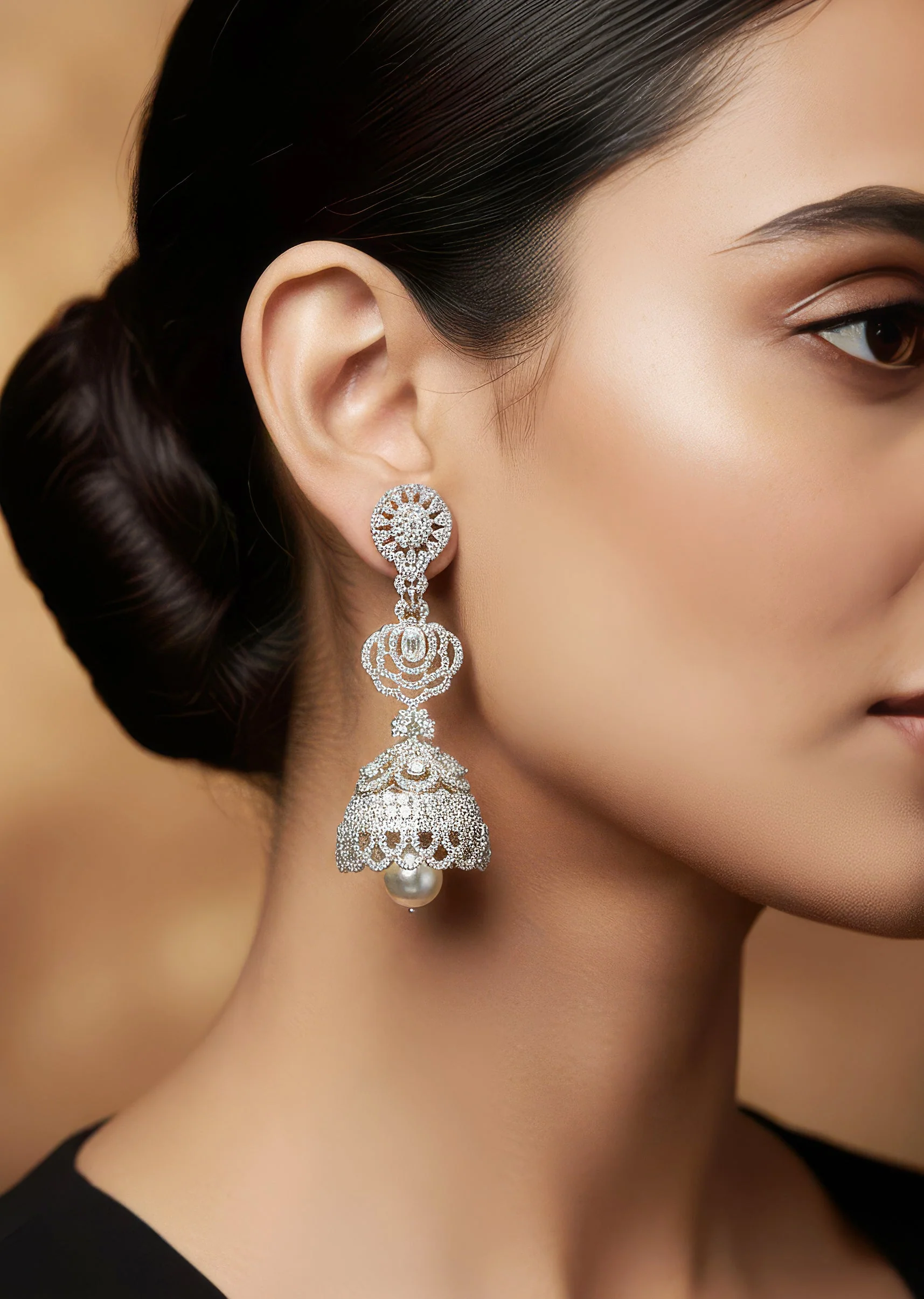 Silver Finish Earrings In Mix Metal With Jhumka Style Cubic Zirconia And Faux Pearl Drop
