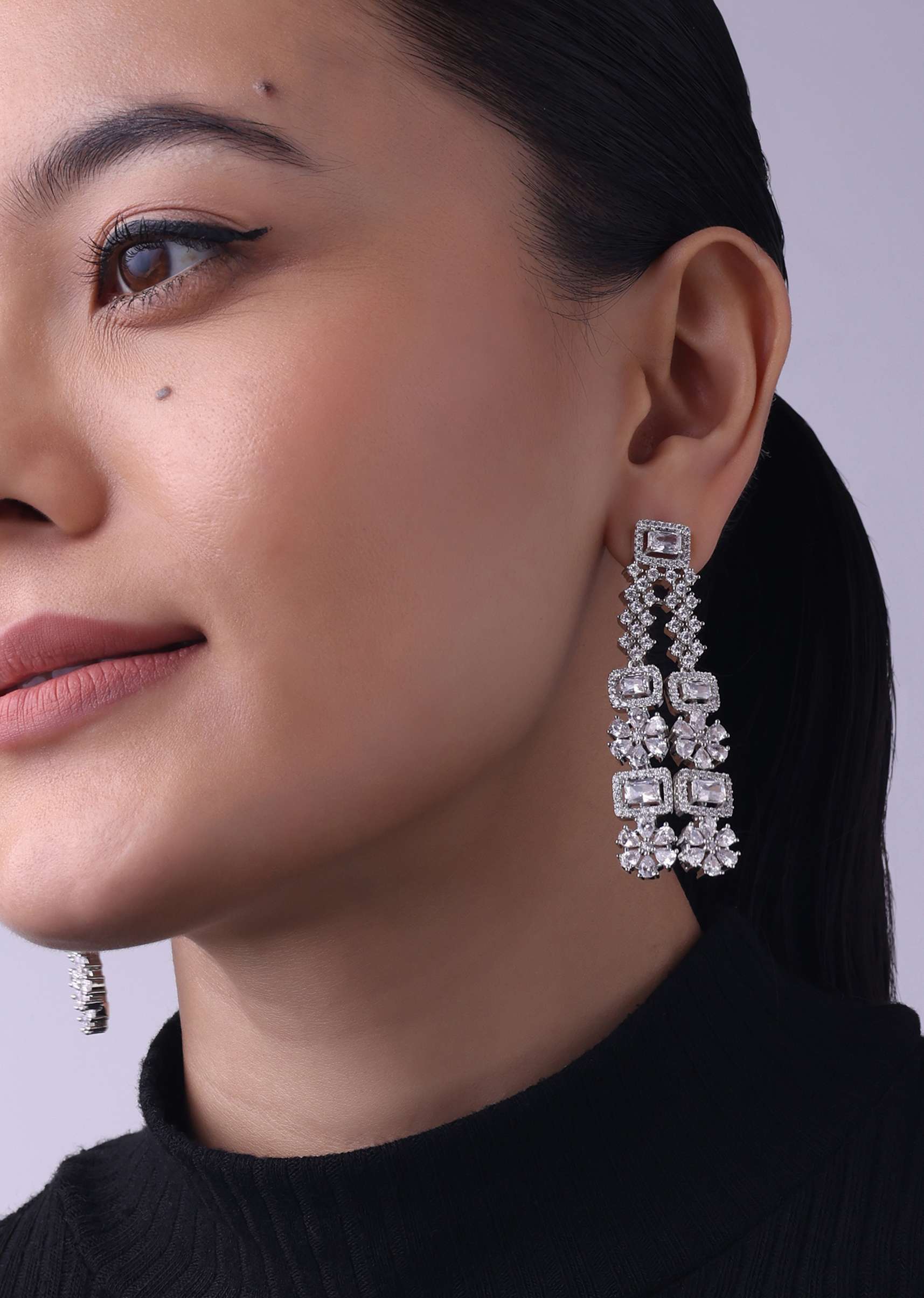 Silver Finish Long Necklace Set Studded With Faux Diamonds