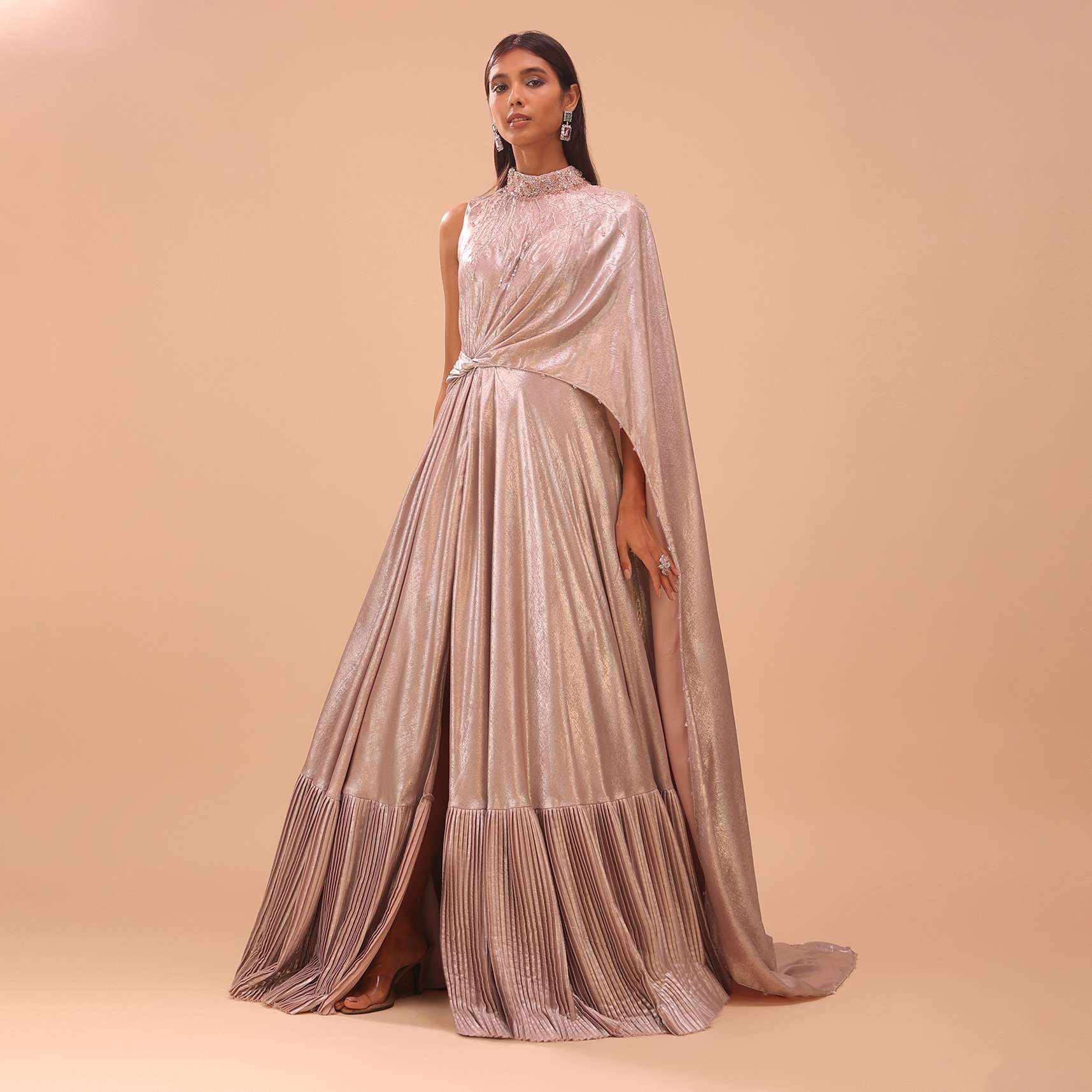 Onion Pink Embroidered Bridesmaid Gown With Front Slit - Image 3