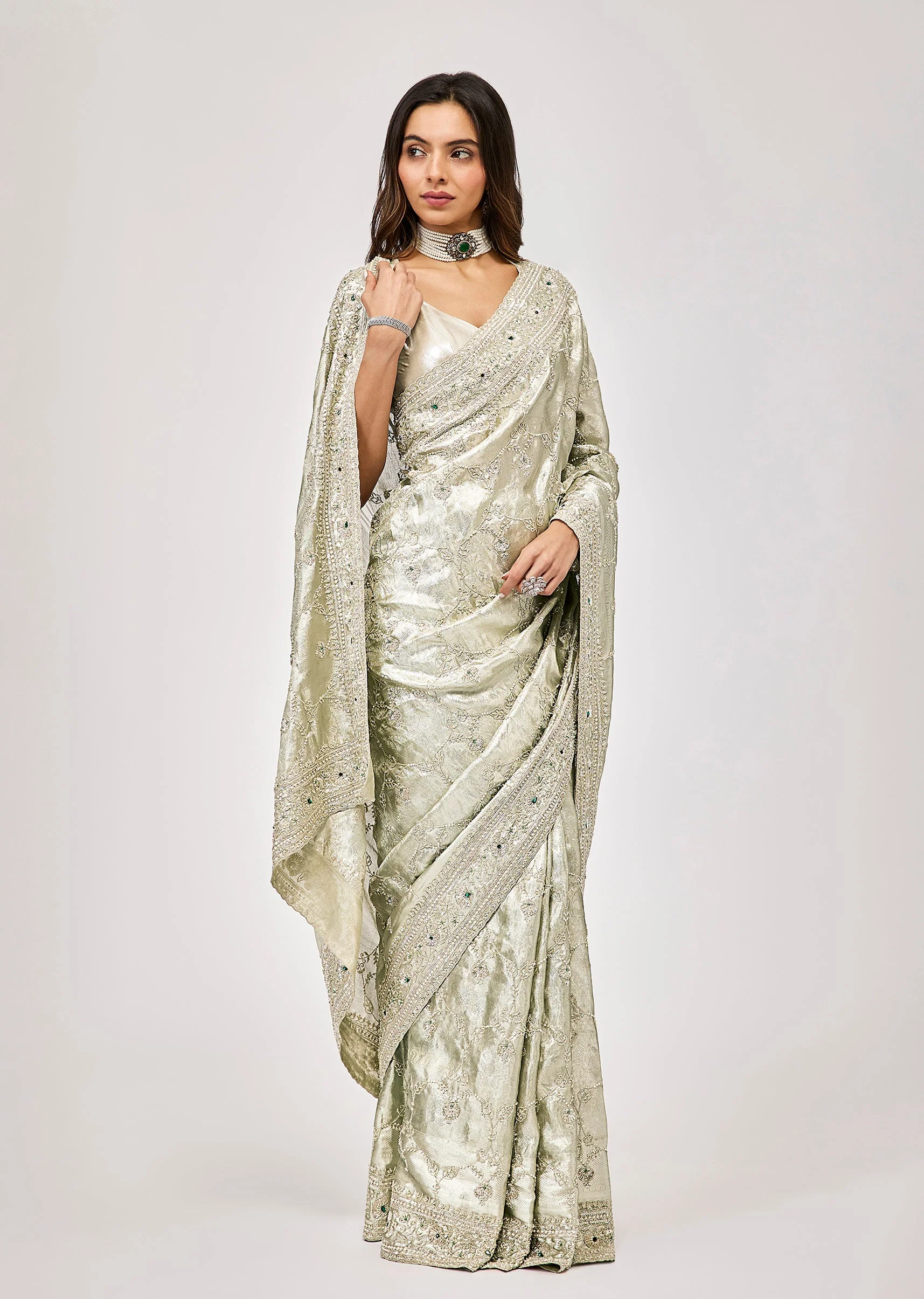Silver Tissue Saree With Kundan Embroidery - Image 3