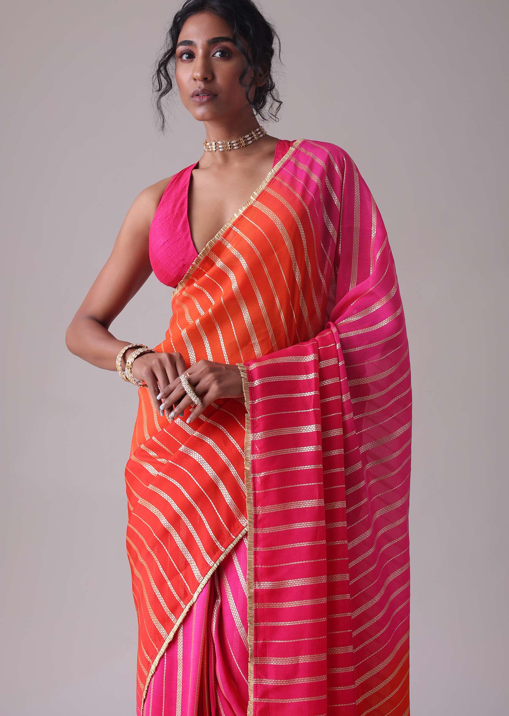 Ski Patrol Red Woven Ombre Saree In Organza - Image 2