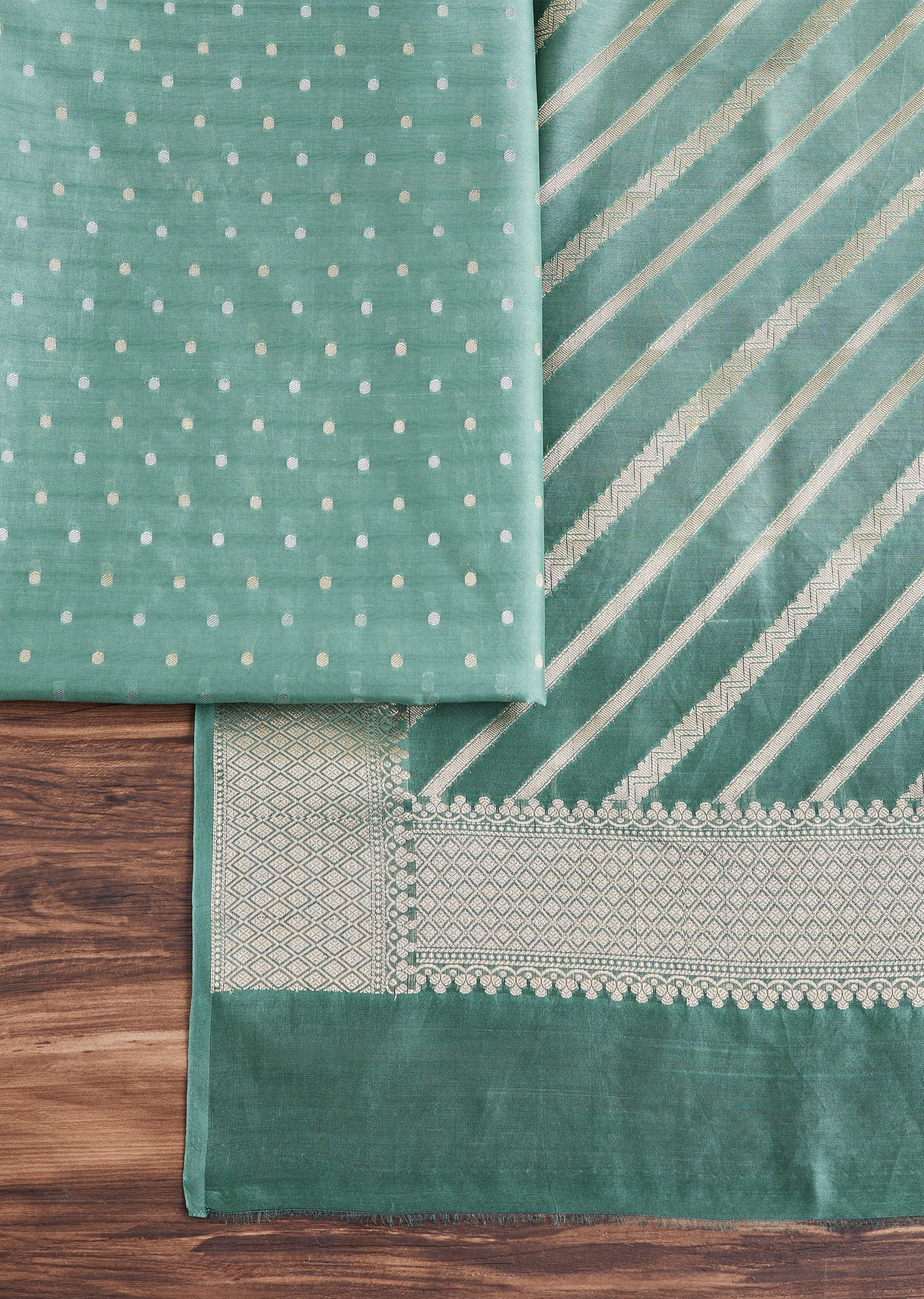 Sky Blue Chanderi Unstitched Suit With Dupatta - Image 3