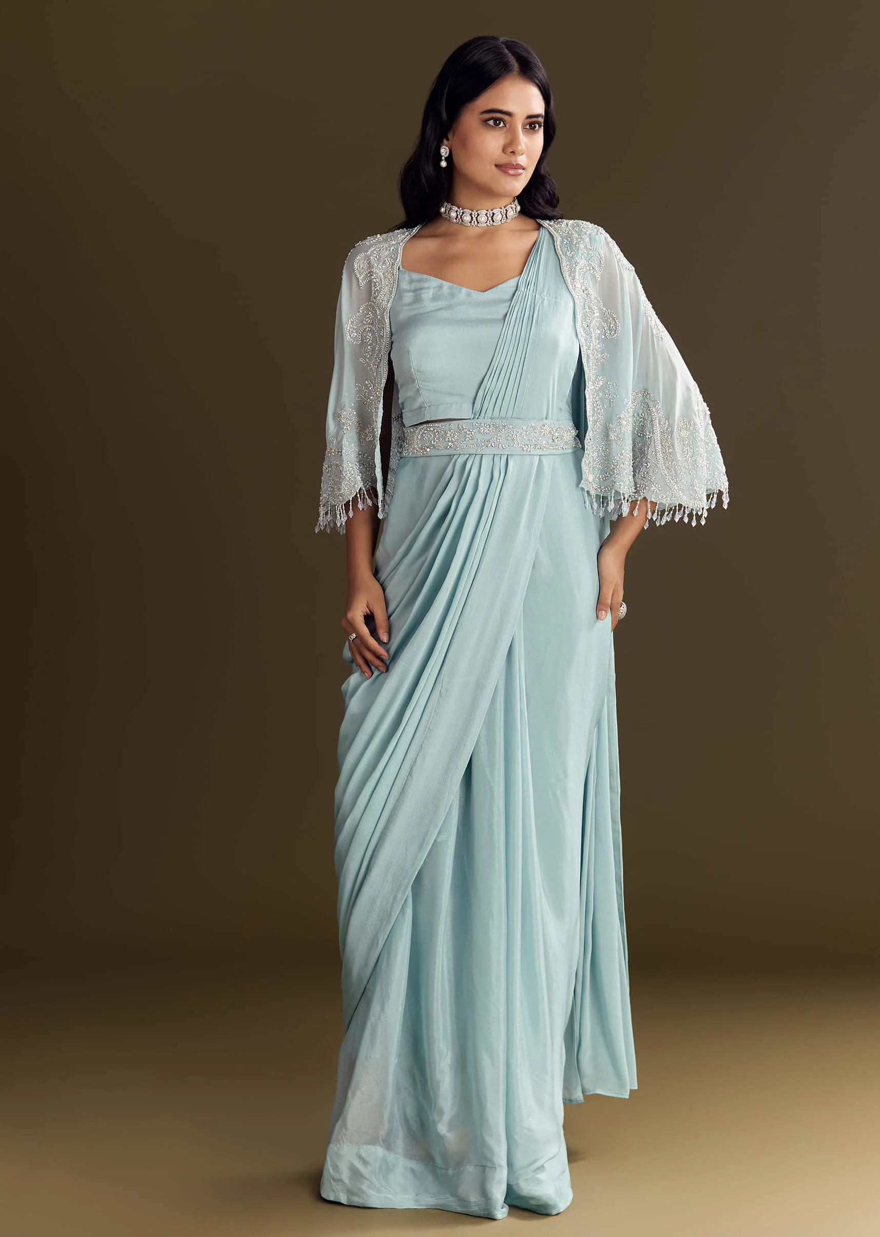 Sky Blue Chinon Pre Draped Saree With Cape And Belt - Image 4