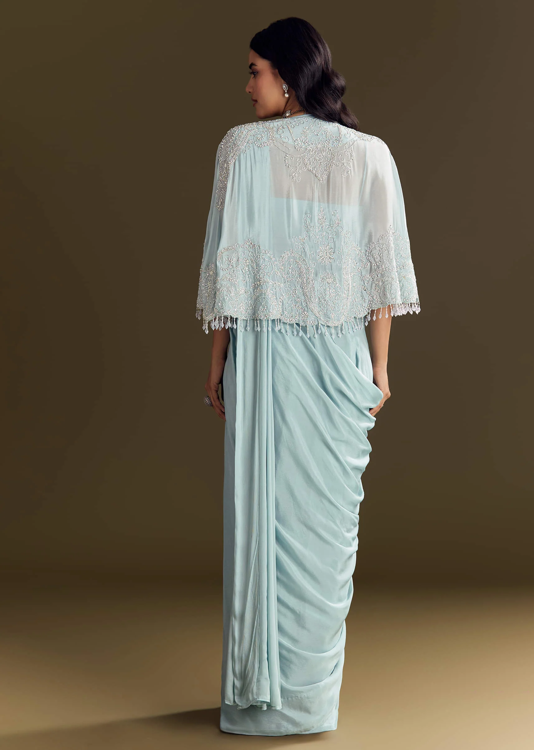 Sky Blue Chinon Pre Draped Saree With Cape And Belt - Image 5