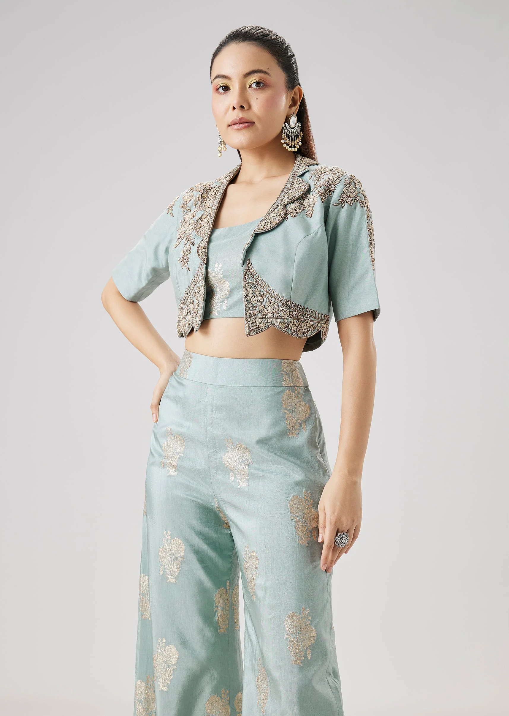 Sky Blue Embroidered Jacket And Palazzo Set - Image 3