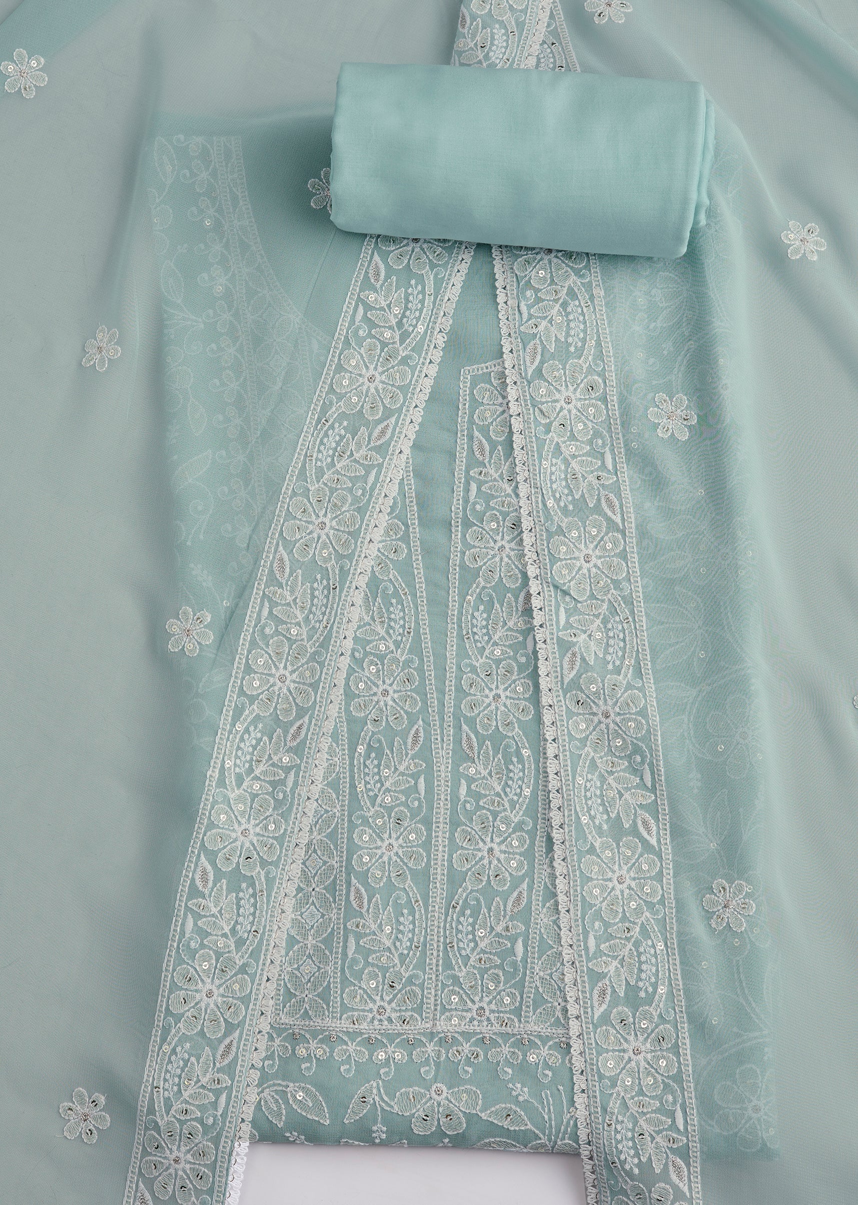 Sky Blue Georgette Thread Work Unstitched Suit Set With Dupatta