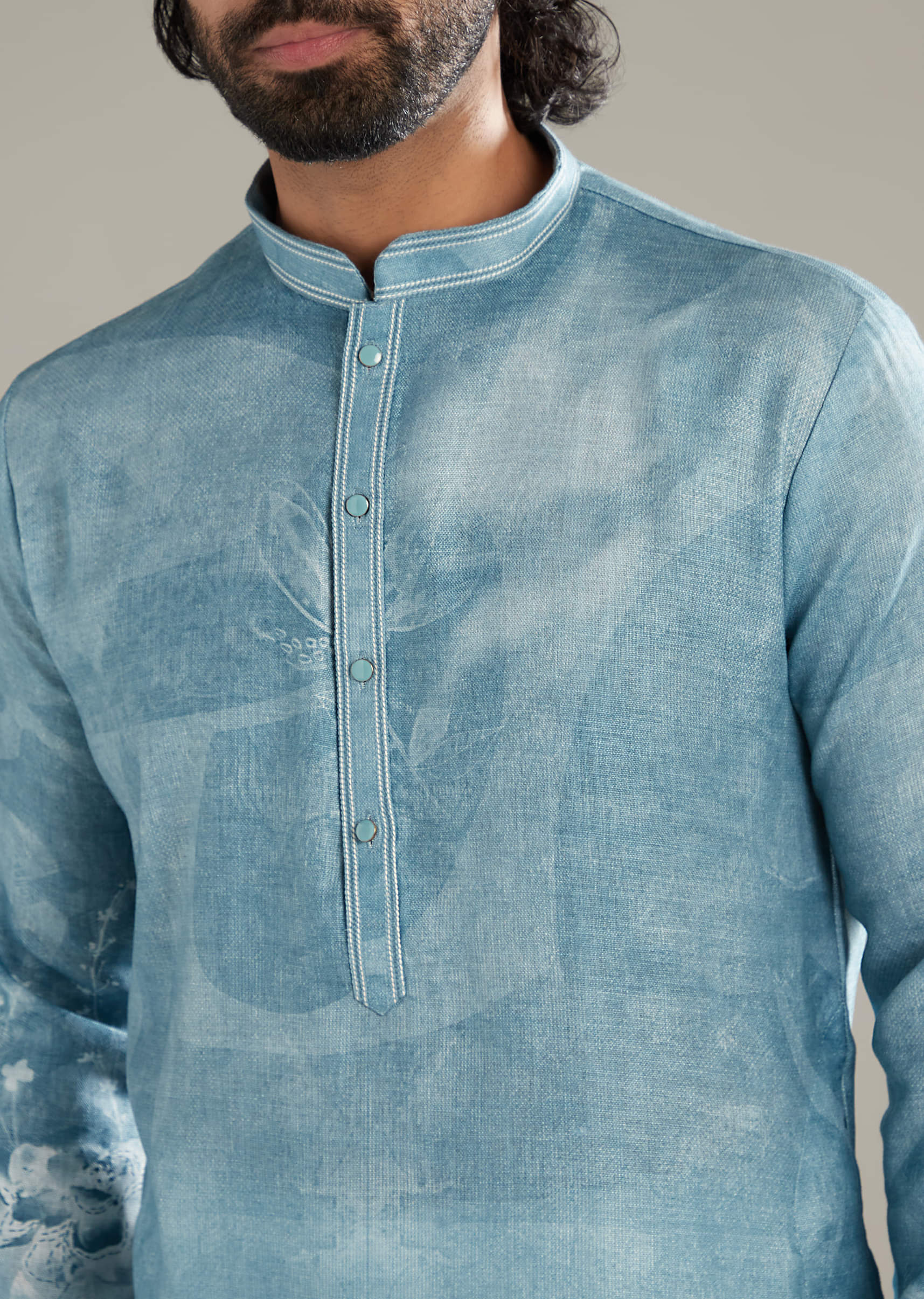 Sky Blue Kurta Set For Men With Printed Floral Motifs - Image 2