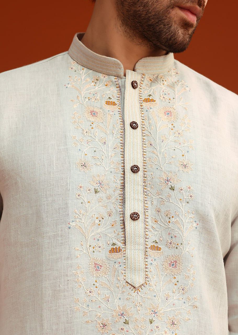 Sky Blue Kurta Set With Floral Thread Embroidery - Image 2