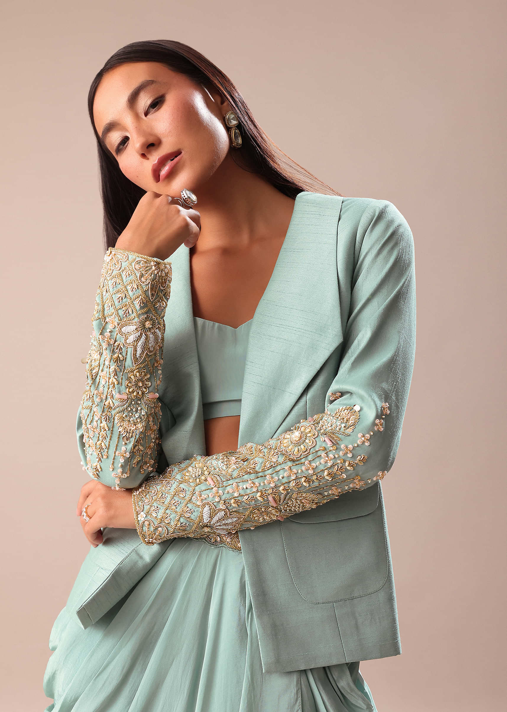 Sky Blue Draped Skirt With Embroidered Blouse And Jacket - Image 2
