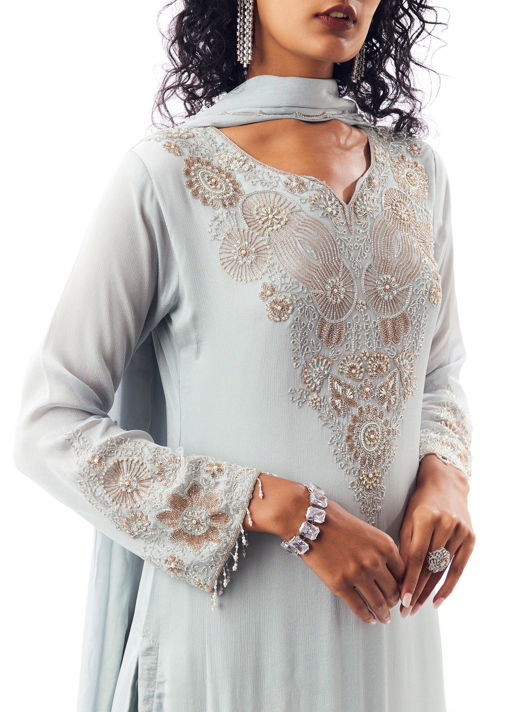 Sky Blue Sharara Set With Pakistani Style Notched Neckline - Image 2