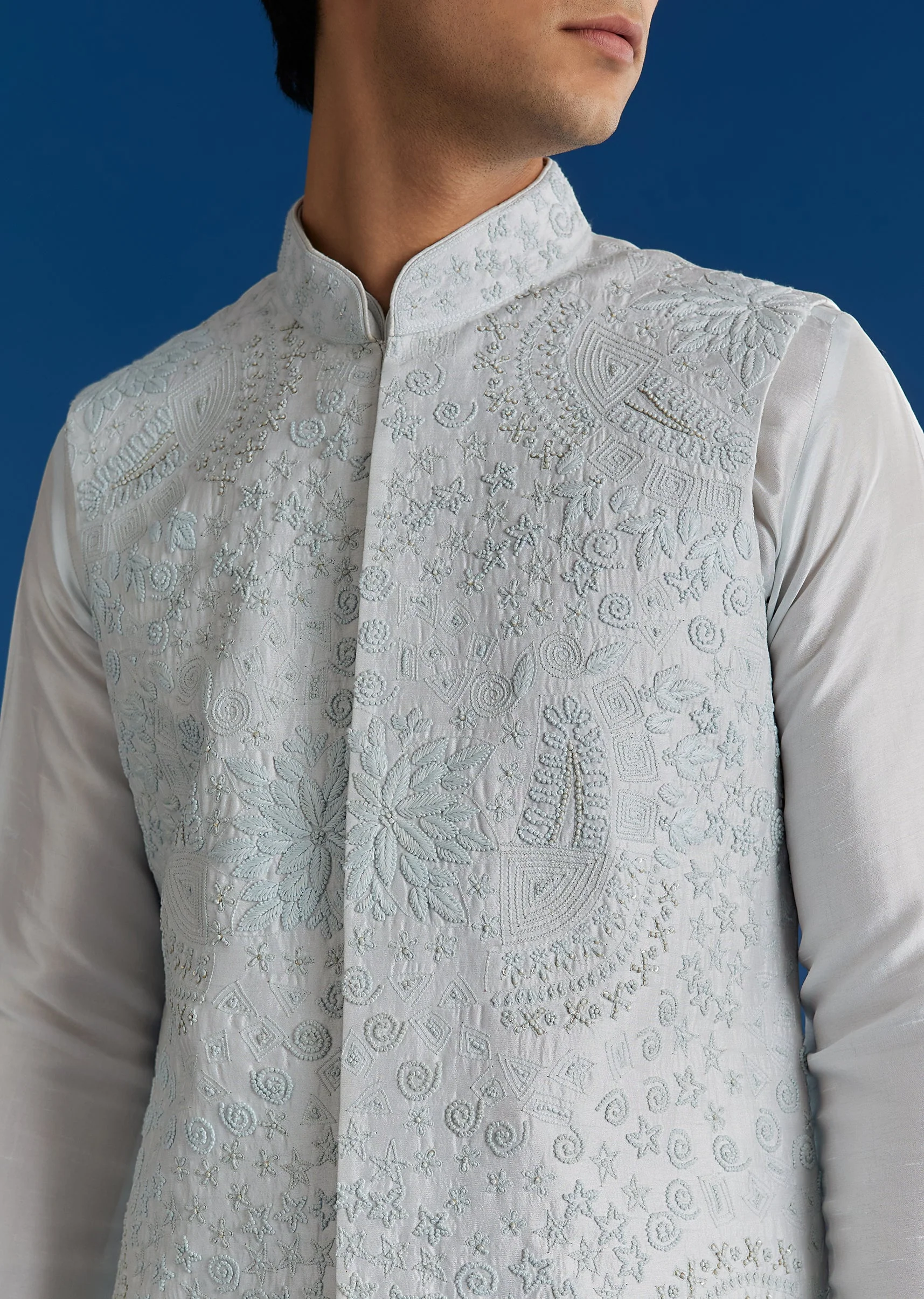 Sky Blue Silk Embroidered Jacket Kurta Set - Image 3