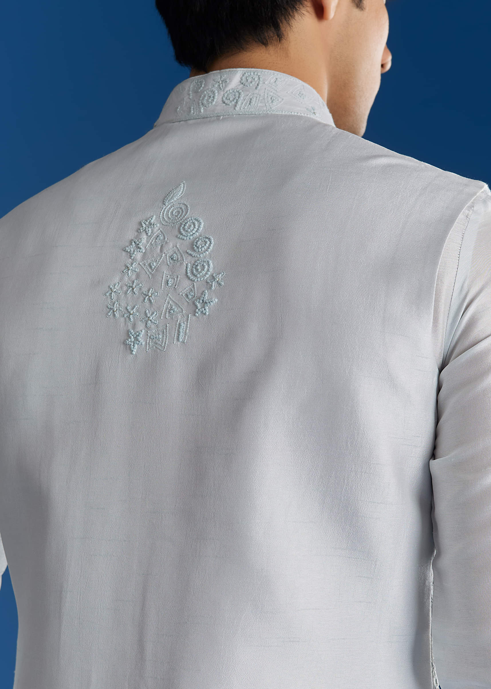 Sky Blue Silk Embroidered Jacket Kurta Set - Image 4