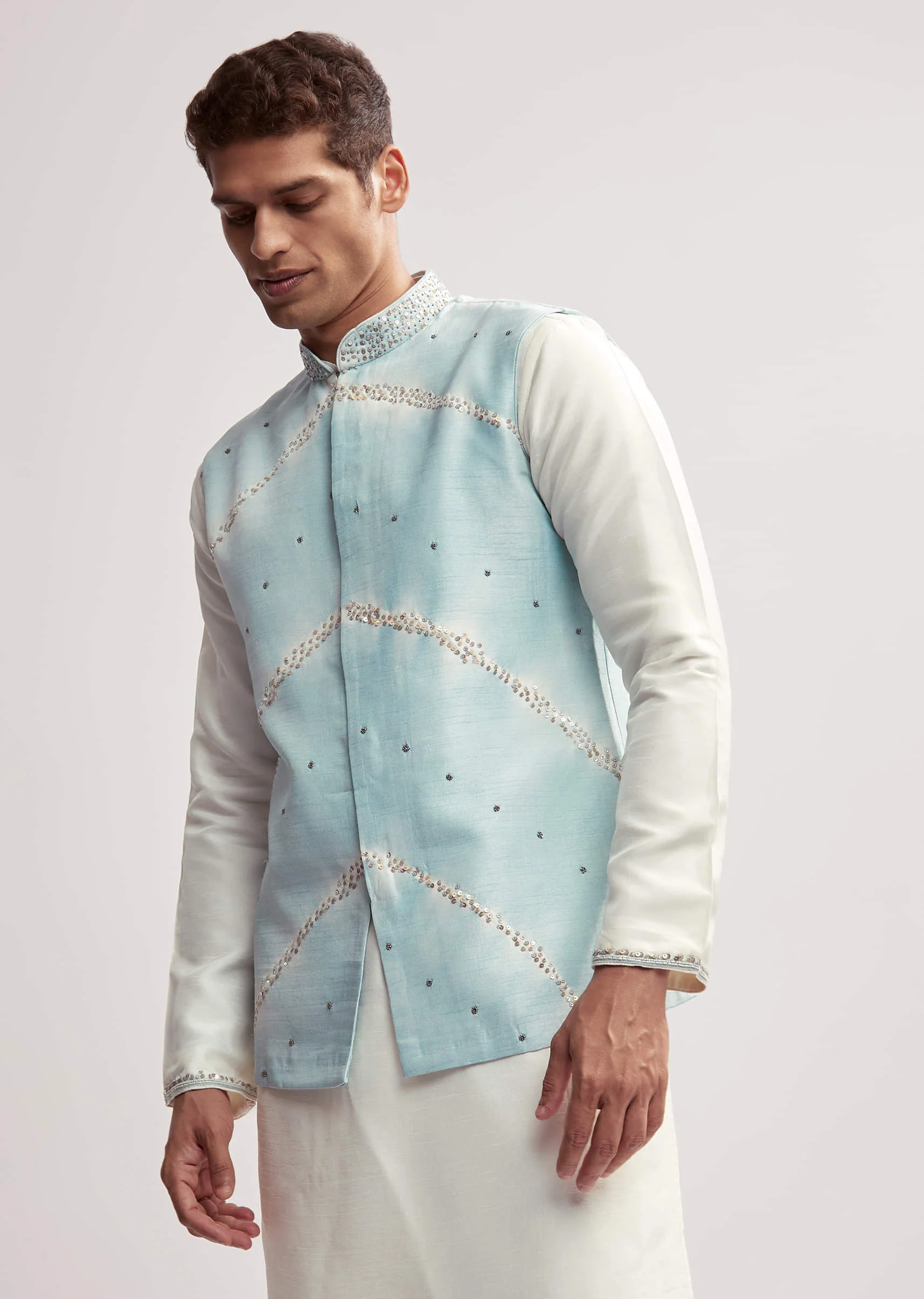 Sky Blue Silk Kurta Jacket Set For Men With Hand Embroidery - Image 4