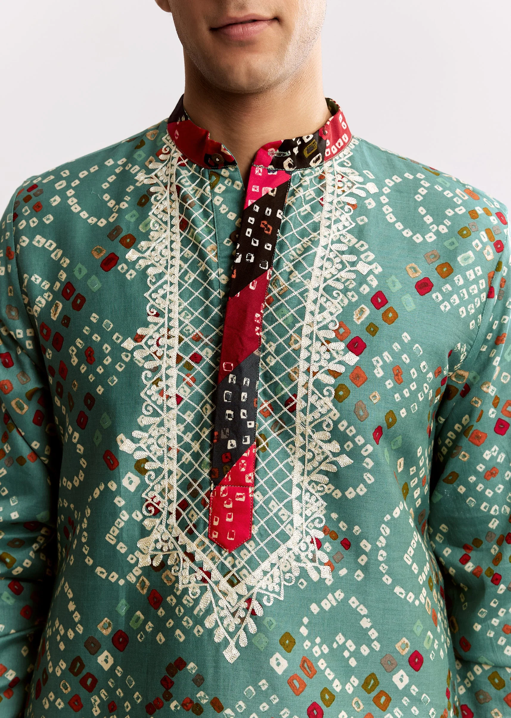 Sky Blue Silk Kurta Set With Bandhani Print - Image 3