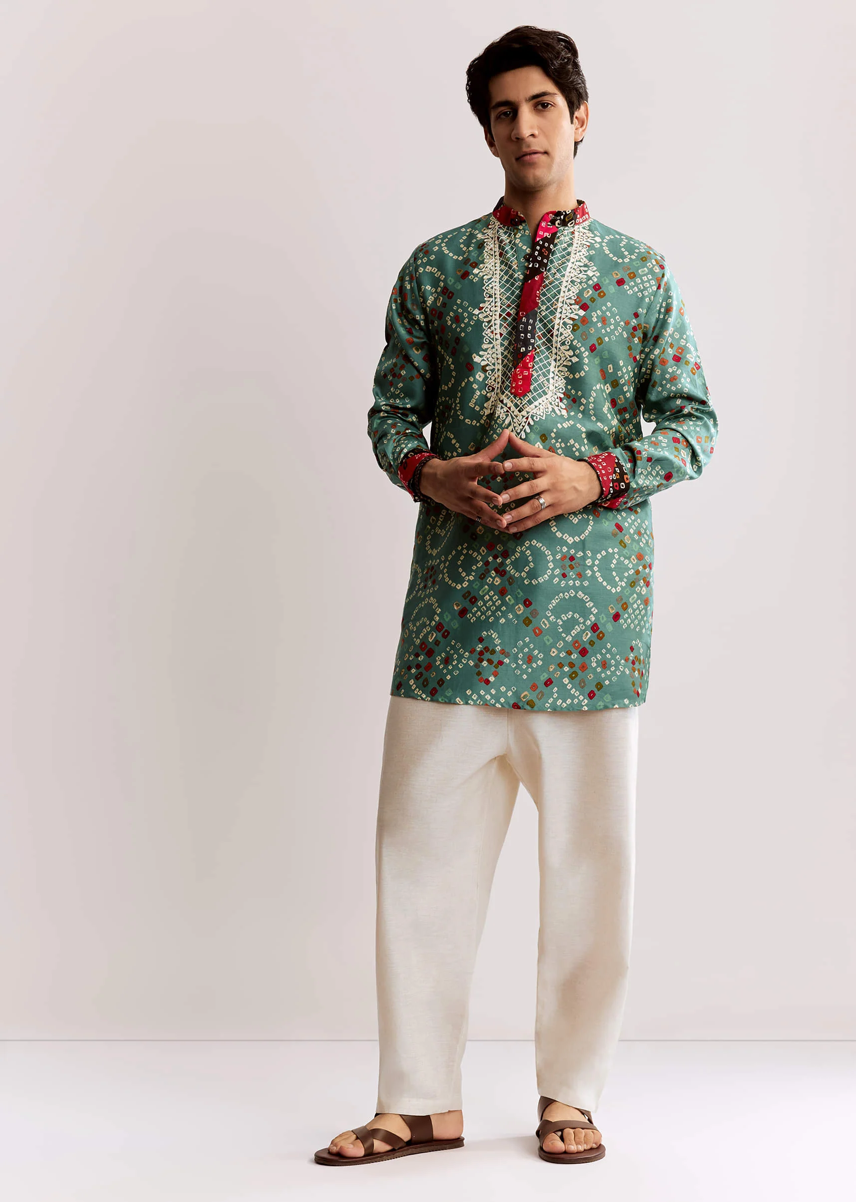 Sky Blue Silk Kurta Set With Bandhani Print - Image 4