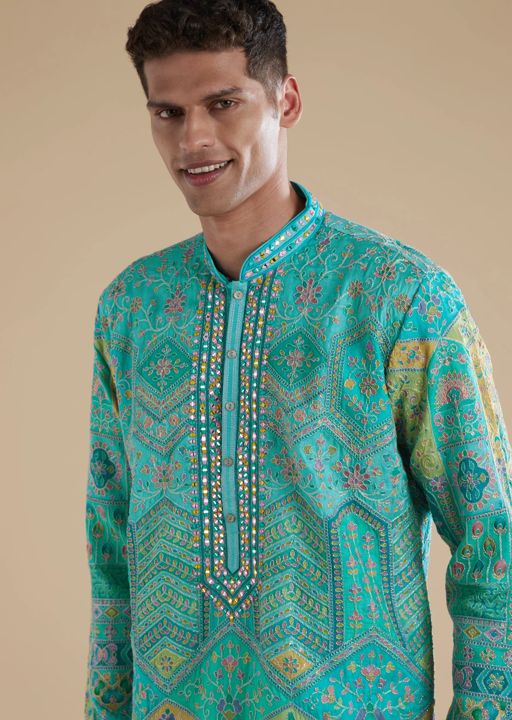 Sky Blue Silk Viscose Mens Kurta Set with Thread Mirror Detail Work - Image 2