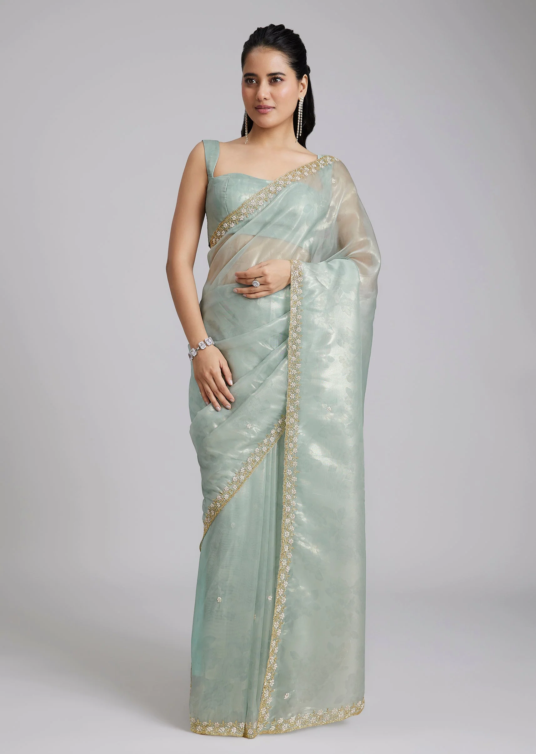 Sky Blue Tissue Saree With Floral Border - Image 3