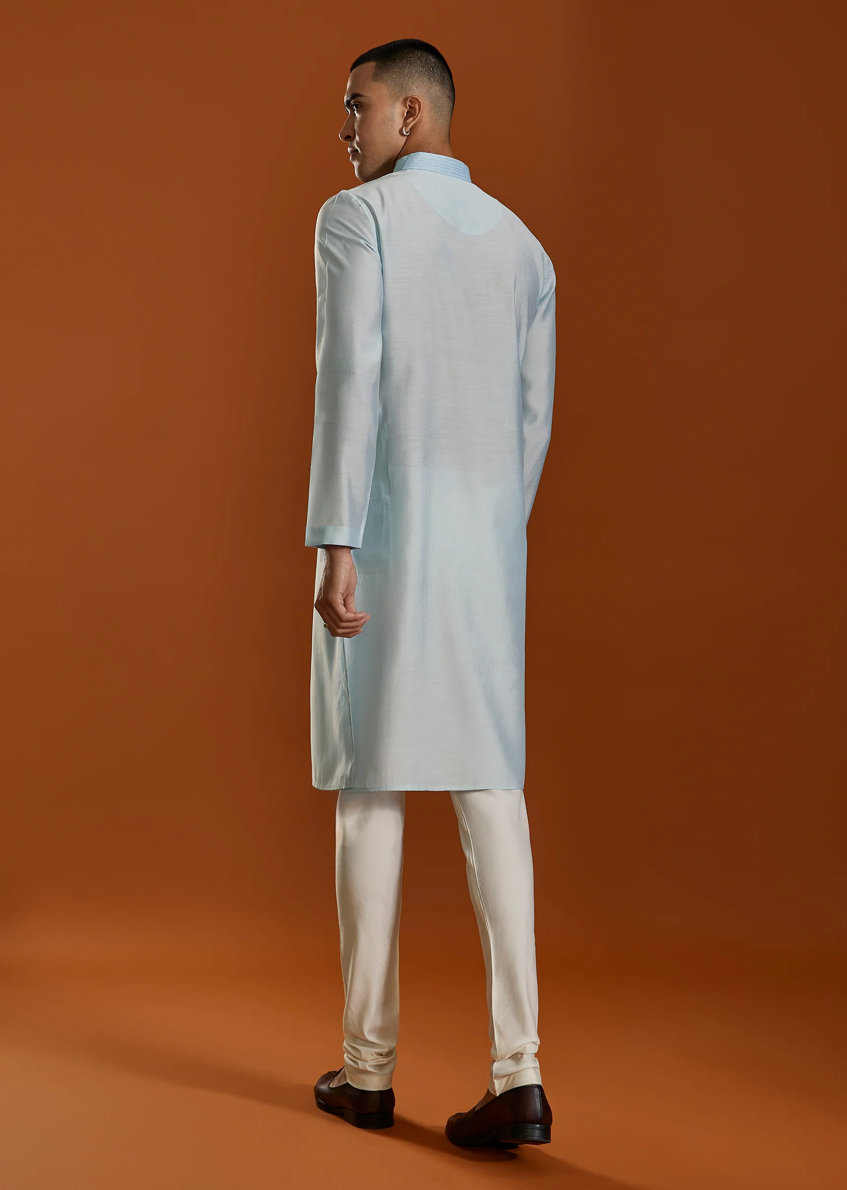 Sky Blue Viscose Resham Work Mens Kurta and Pant Set - Image 5