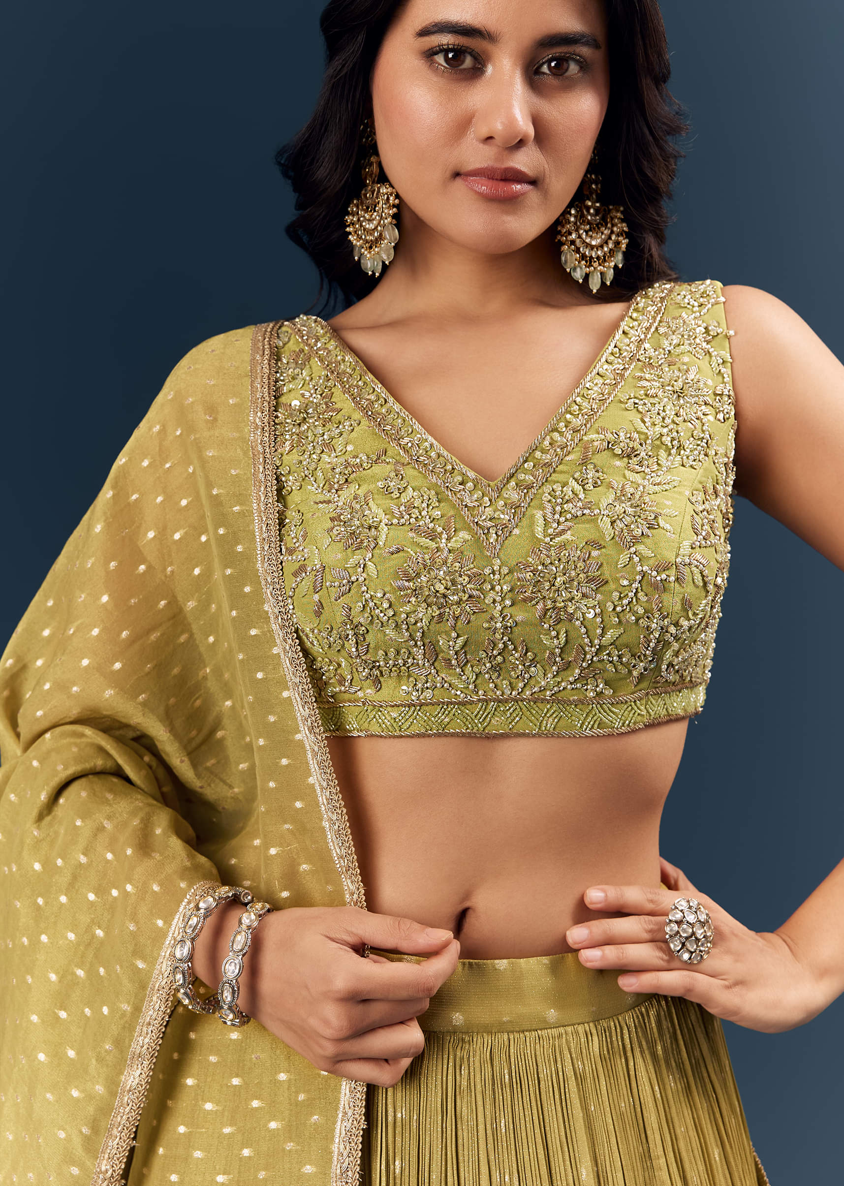 Solid Green Banarasi Silk Bridesmaid Lehenga With Intricate Hand Embroidery - Image 3