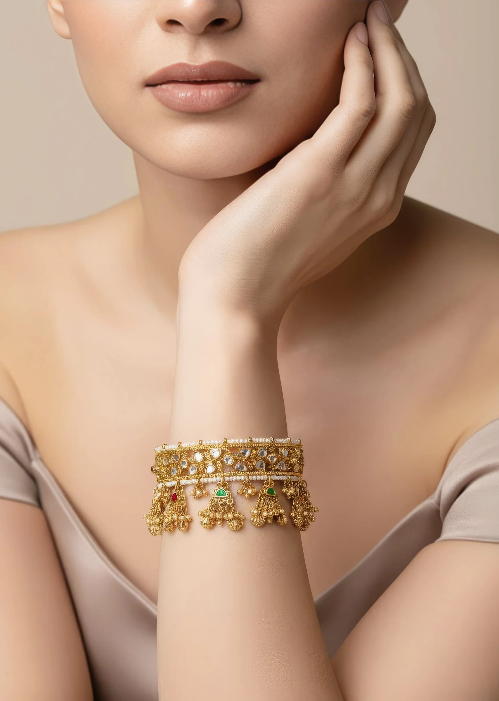 Sparkling Gold Plated Kundan Polki Bangles With Dangling Embellishments