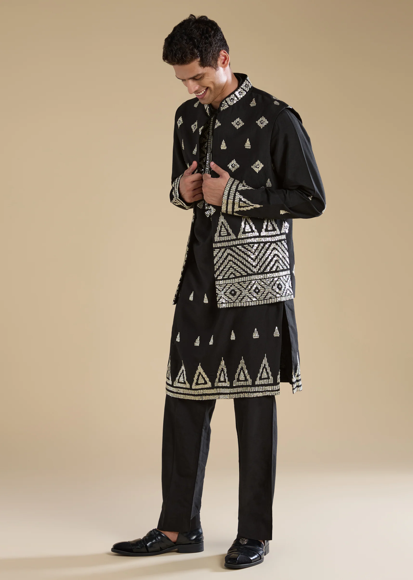 Statement Black Modern Couple Set – Black Chinon Crop Top Skirt Set For Her And Black Foil Applique Jacket Kurta Set For Him - Image 7