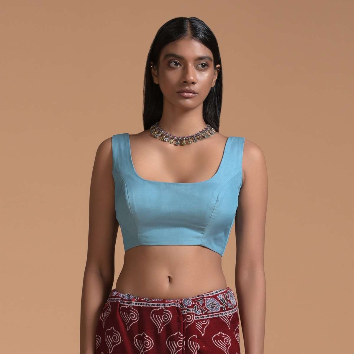 Steel Blue Sleeveless Blouse In Silk Blend With Scooped Neckline - Image 3